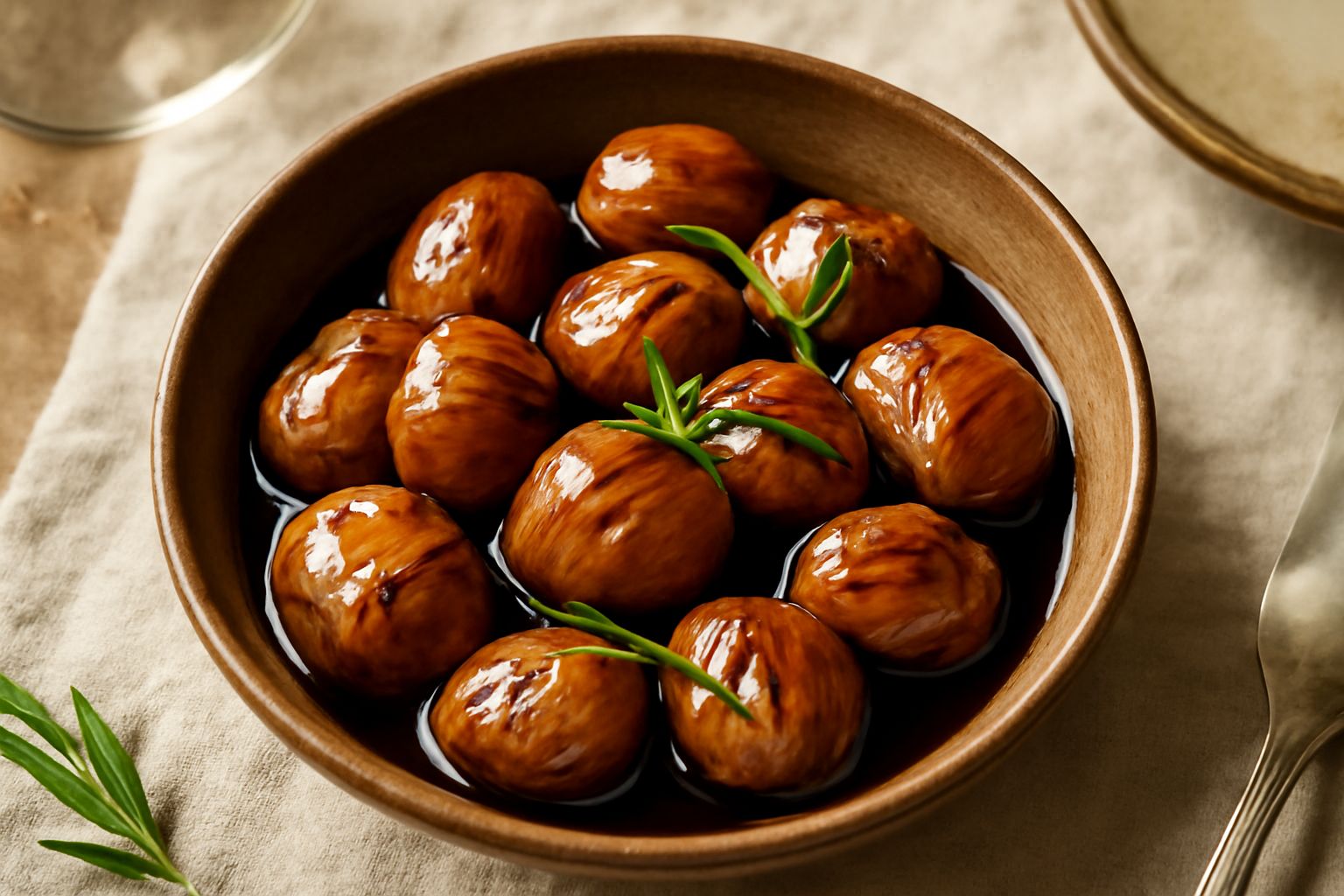 Castagne lucide e dorate in una ciotola di ceramica bianca, ricoperte di salsa agrodolce marrone, con foglie di rosmarino fresco sulla superficie e sfondo scuro