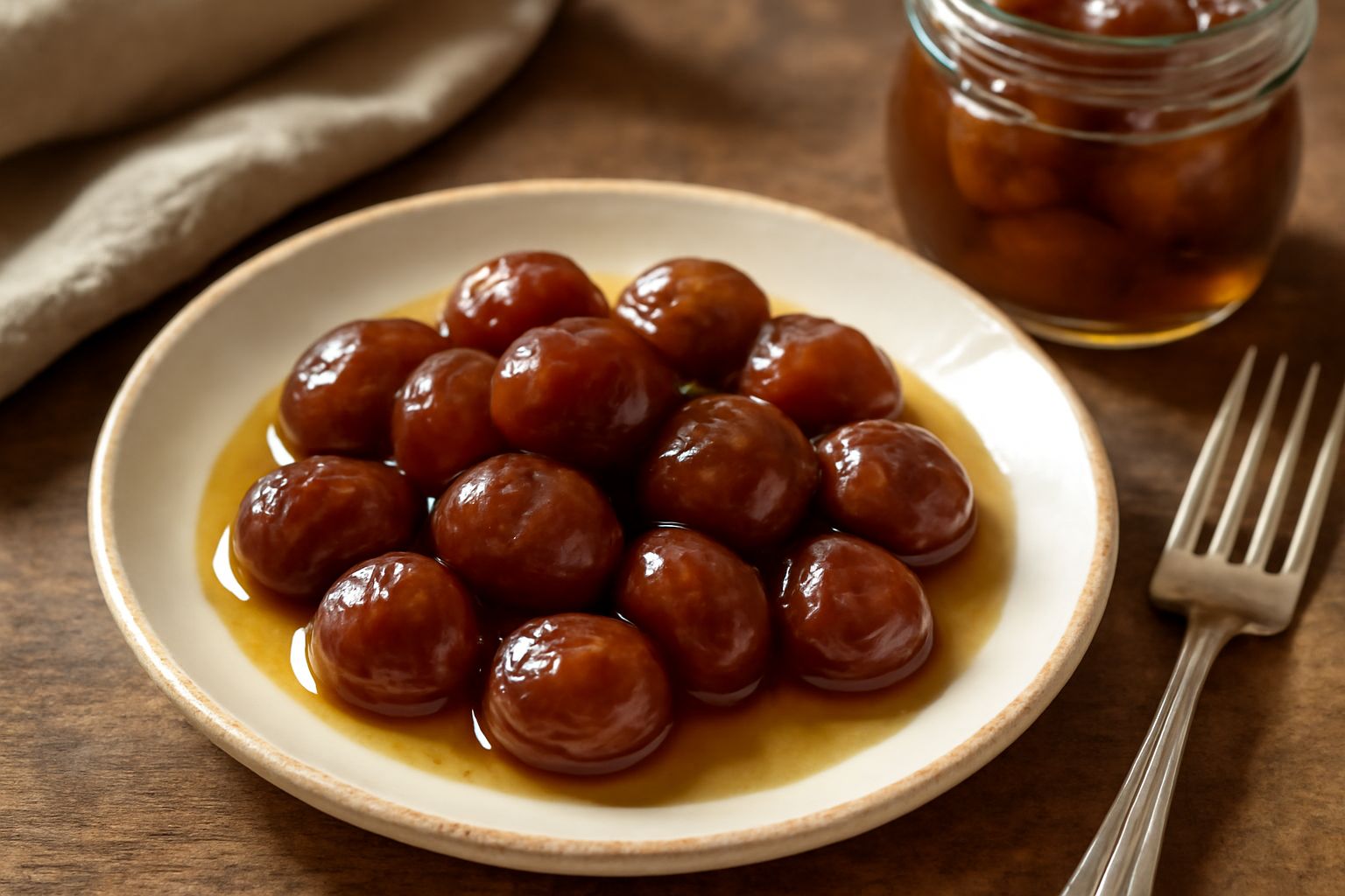 Castagne intere brunastre immerse in sciroppo trasparente e lucido dentro un vasetto di vetro, illuminate da luce morbida, con qualche castagna parzialmente visibile nello sciroppo dorato