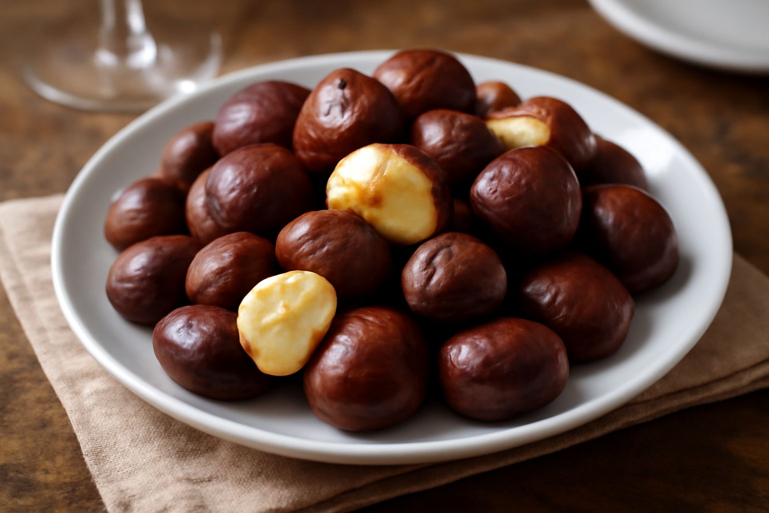 Castagne lessate in una ciotola bianca, intere e sgusciate, marrone scuro lucido, vapore ancora visibile, su una superficie di legno con qualche fogliolina d'autunno