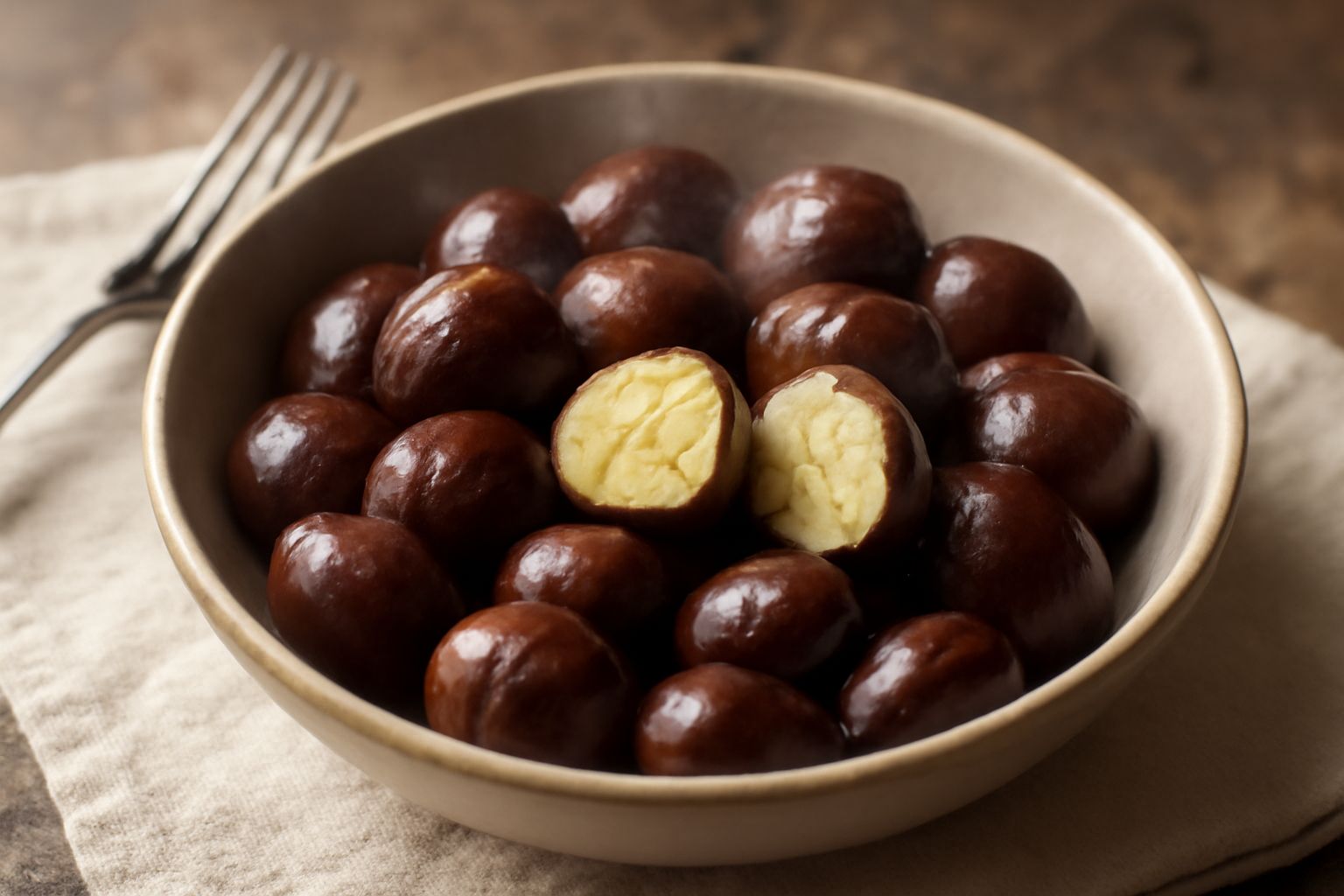 Castagne lessate intere in una ciotola di ceramica bianca, ancora calde con vapore leggero, buccia scura e lucida, poste su un canovaccio di lino su un piano di cucina in legno