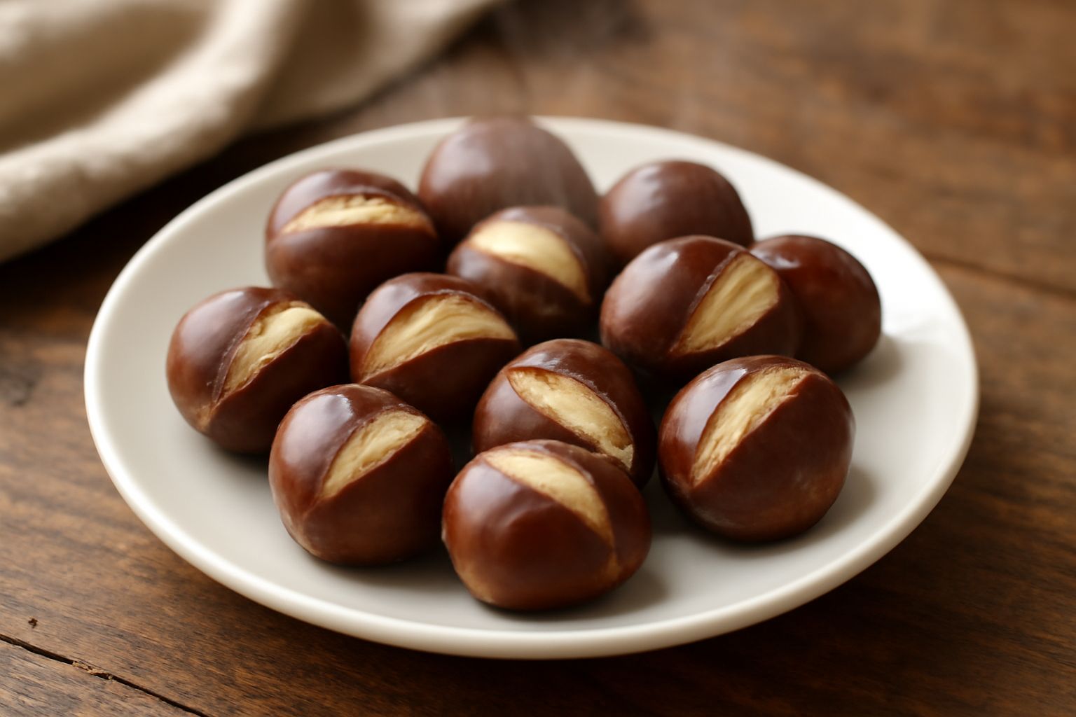Castagne intere appena lesse, ancora calde con vapore leggero, in una ciotola bianca su un tavolo di legno naturale, con una o due castagne spezzate a mostrare la polpa cremosa all'interno