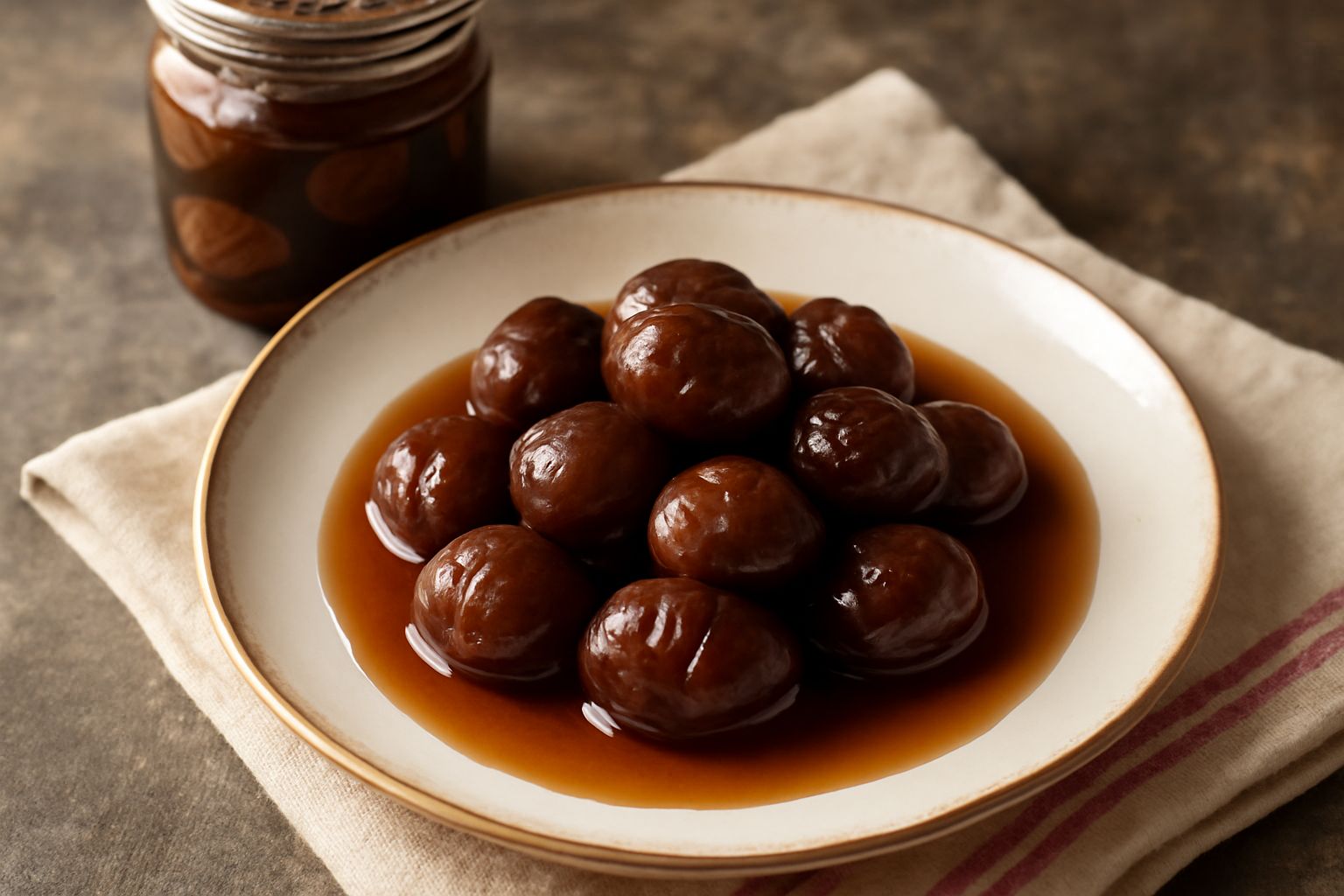 Castagne sciroppate intere in uno sciroppo trasparente e ambrato dentro un barattolo di vetro, con una o due castagne visibili in primo piano, sfondo sfumato grigio neutro