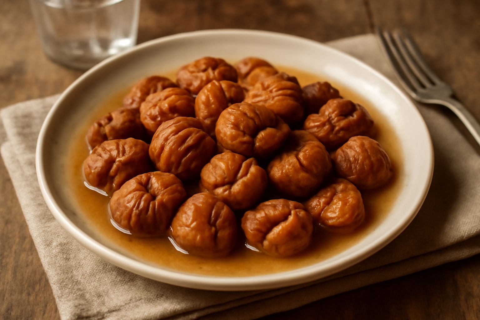 Castagne secche reidratate in un piatto bianco profondo, circondate da un brodo leggero color nocciola, con una spruzzata di prezzemolo fresco verde e un filo d'olio extravergine lucido in superficie