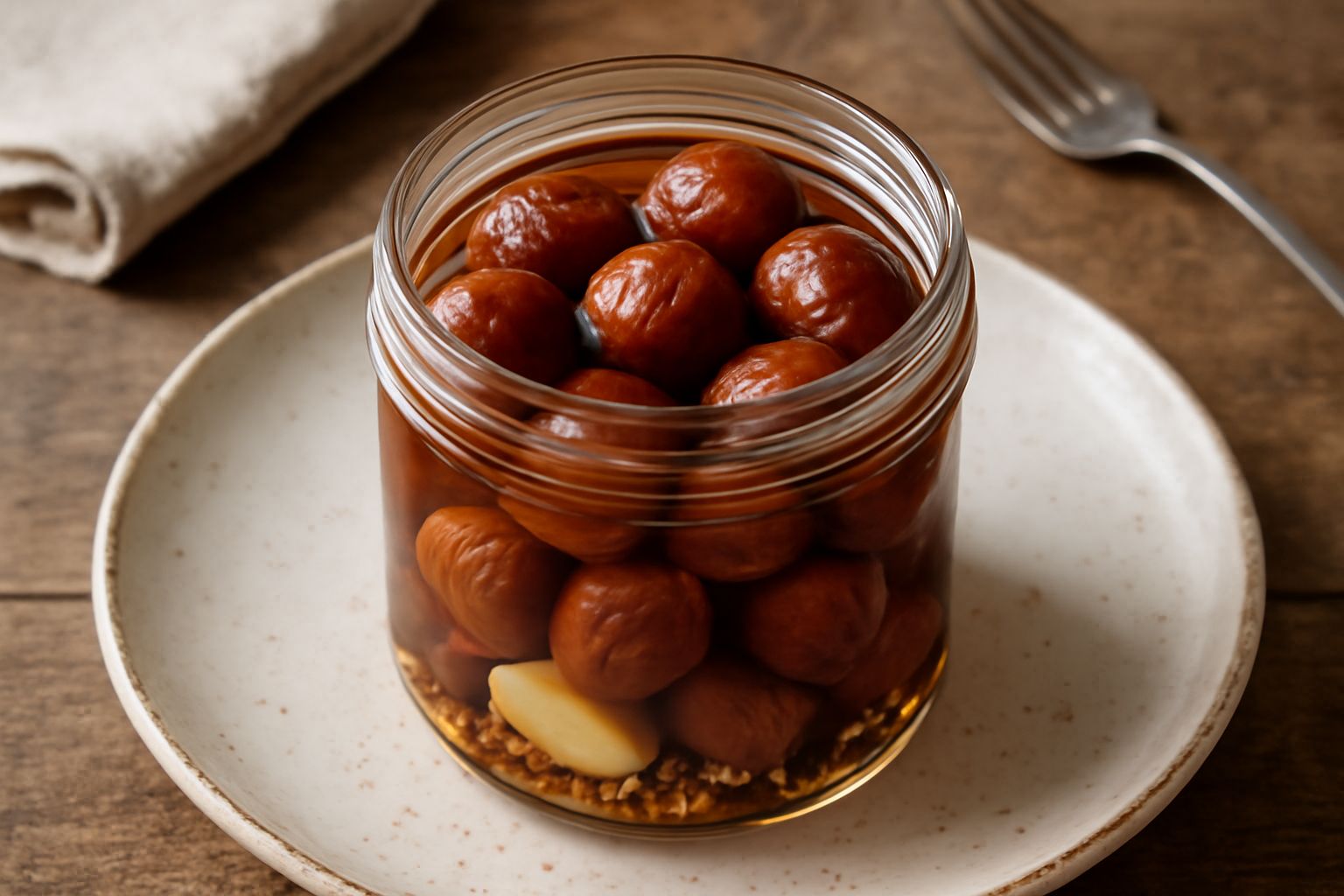Castagne color nocciola in un barattolo di vetro con aceto trasparente, semi di senape e spicchi di aglio visibili, sfondo di legno scuro