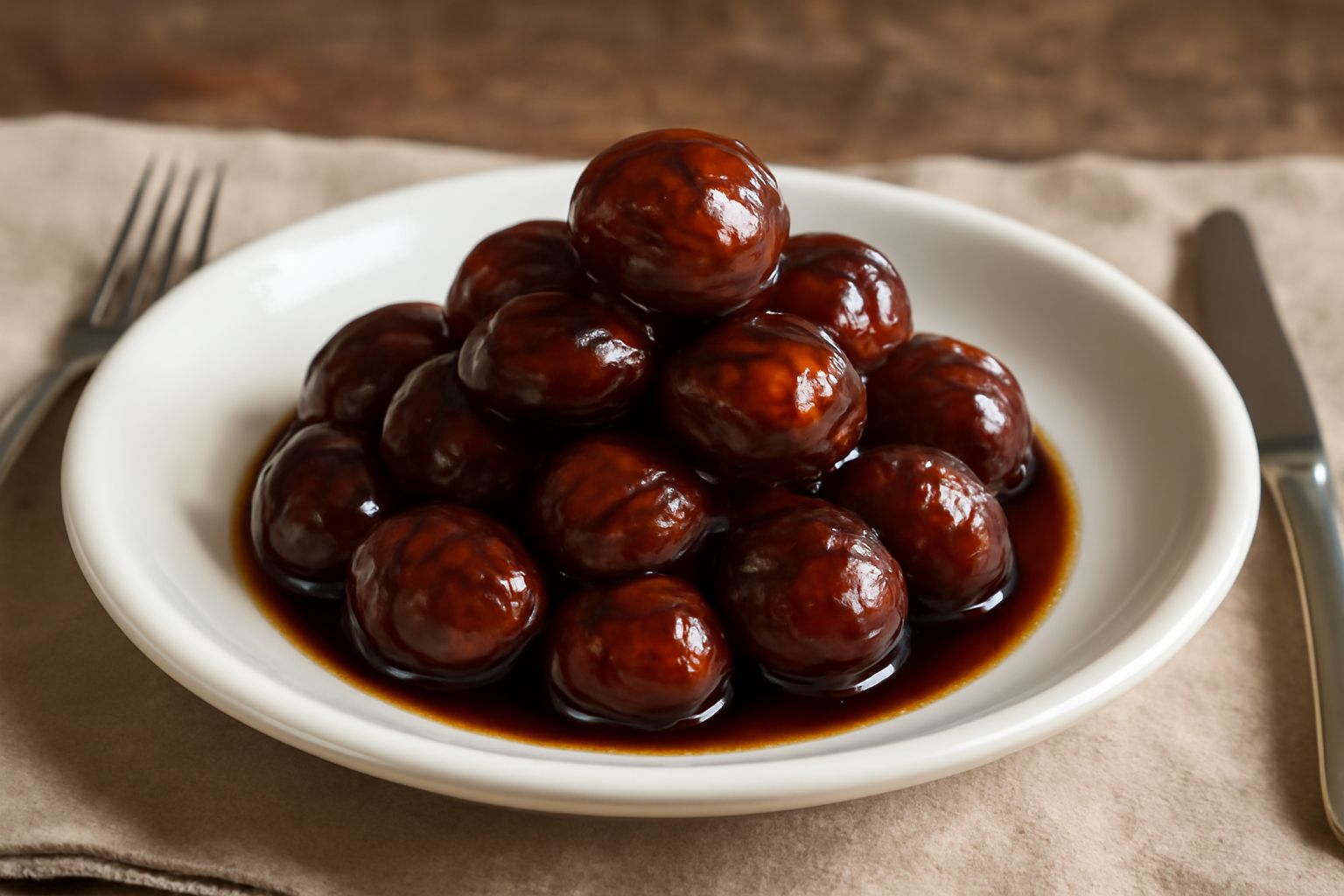 Castagne lucide ricoperte di glassa scura di melassa, disposte su piattino bianco, con superficie liscia e lucida riflettente, una luce morbida che evidenzia la crostatina caramellata