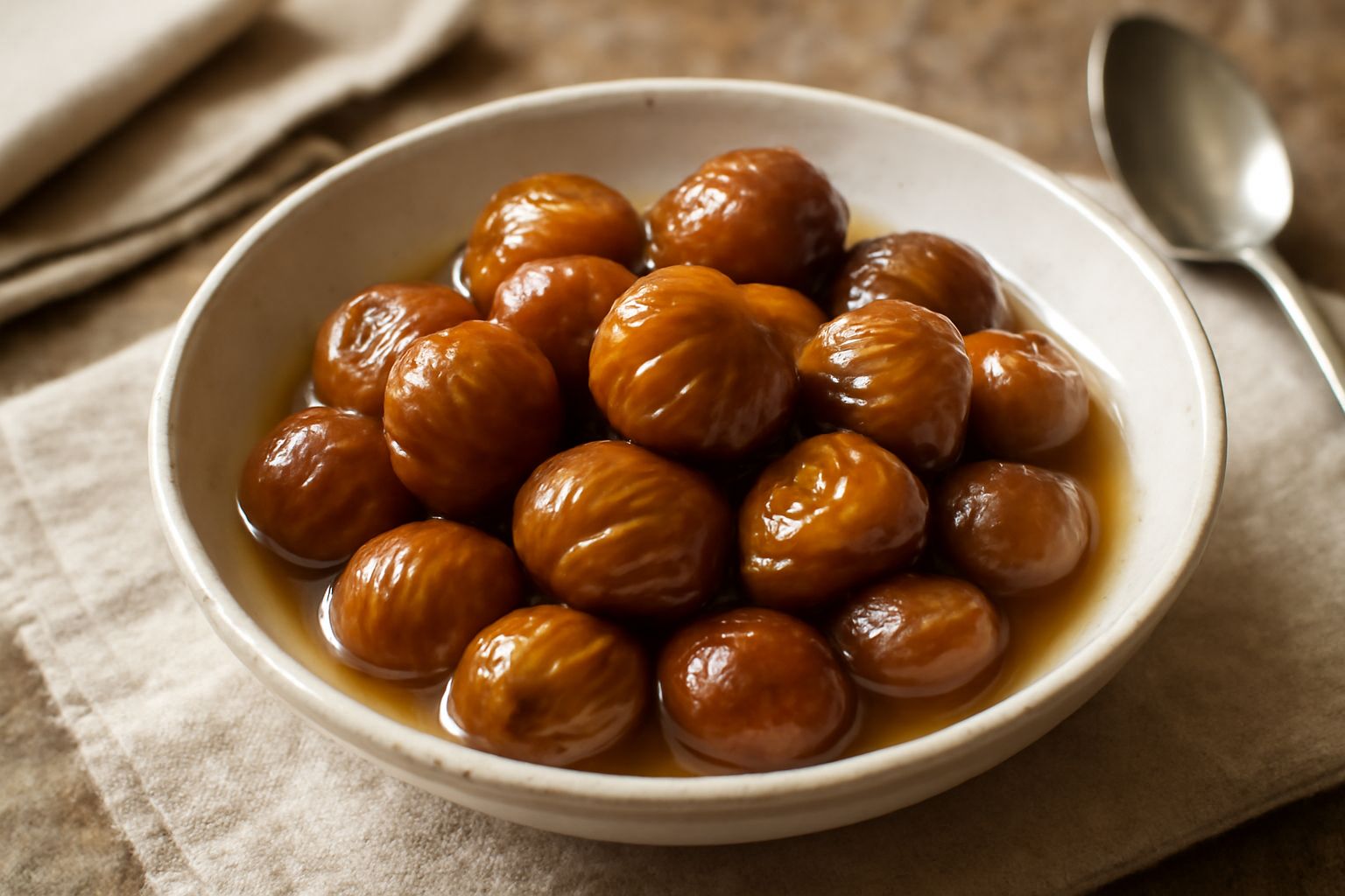 Castagne lucide e dorate immerse in miele trasparente in una ciotola di ceramica bianca, con una cucchiaiata di miele che cade, foglie secche sullo sfondo