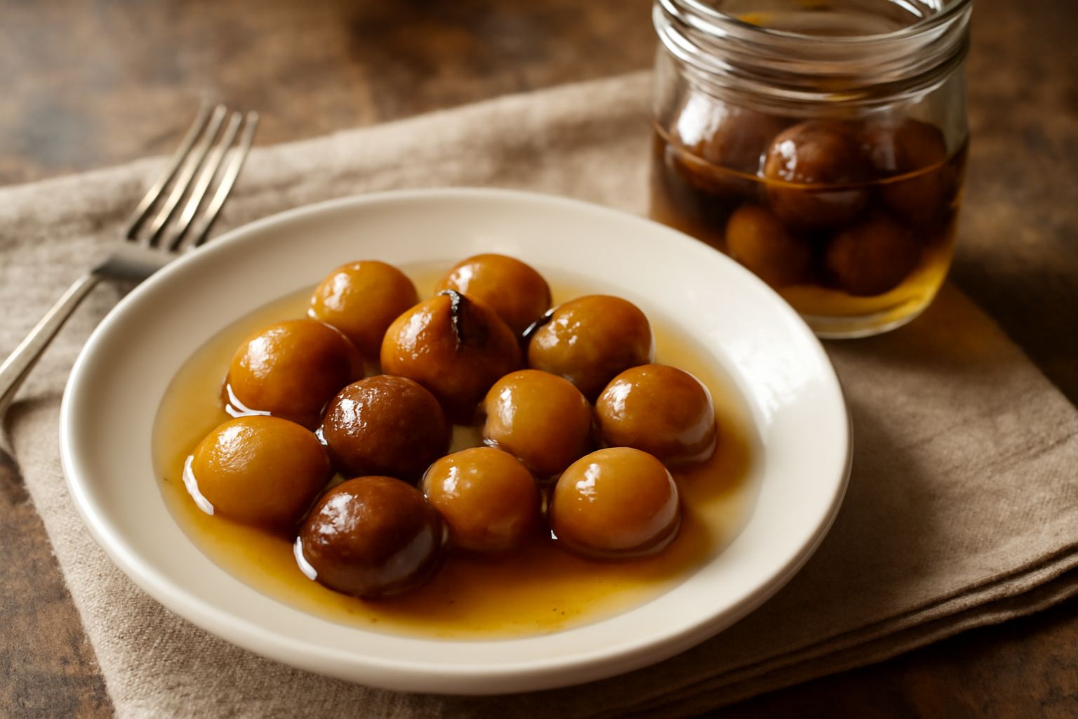 Castagne lucide immerse in sciroppo trasparente dentro un vasetto di vetro, con qualche stella di anice e un bastoncino di vaniglia visibile nel liquido
