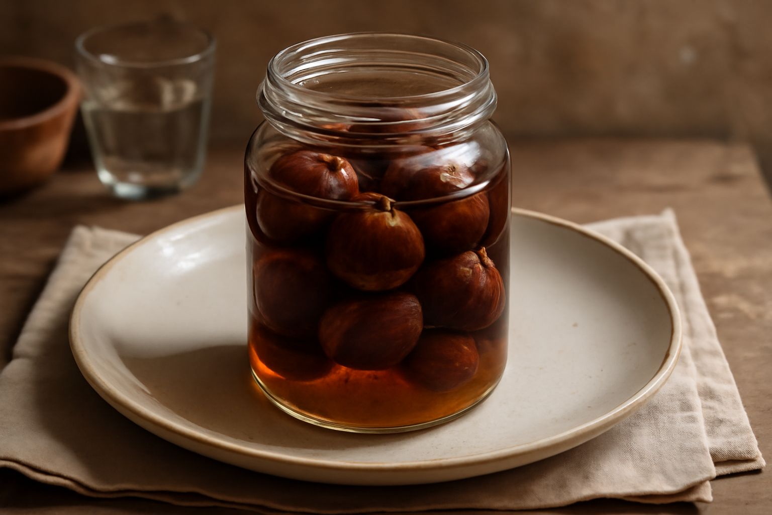 Vaso di vetro trasparente con castagne intere immerse in liquido chiaro ambrato, con zucchero cristallizzato visibile sul fondo, coperto con carta pergamena legata con spago naturale