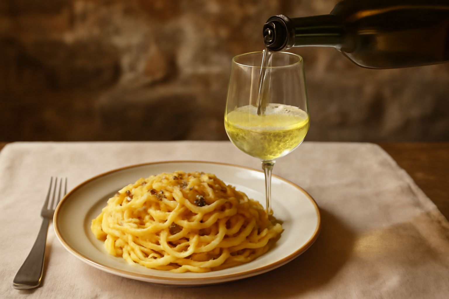 Bicchiere di vino bianco Castelli Romani leggermente dorato, con tagliere di formaggi romani e pane toscano di fondo, su tavolo in legno con vista paesaggio rurale