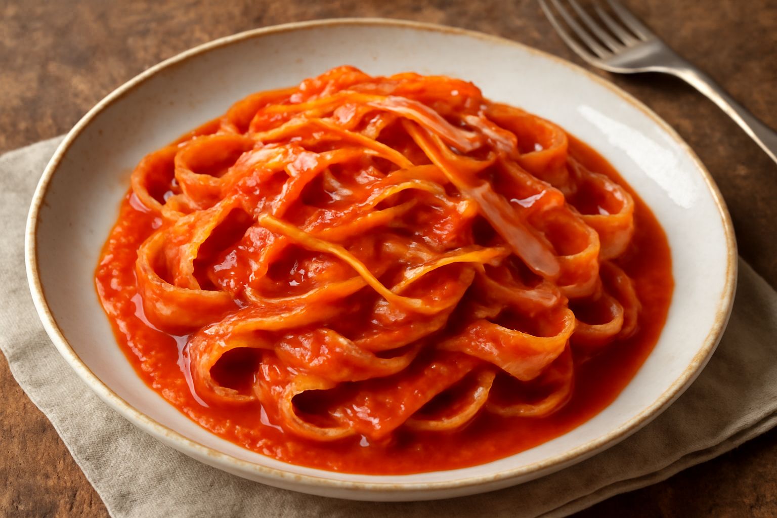 Piatto di pasta fresca condita con sugo rosso denso, lardo bianco in superficie, parmigiano grattugiato e foglia di prezzemolo fresco, su fondo di legno scuro