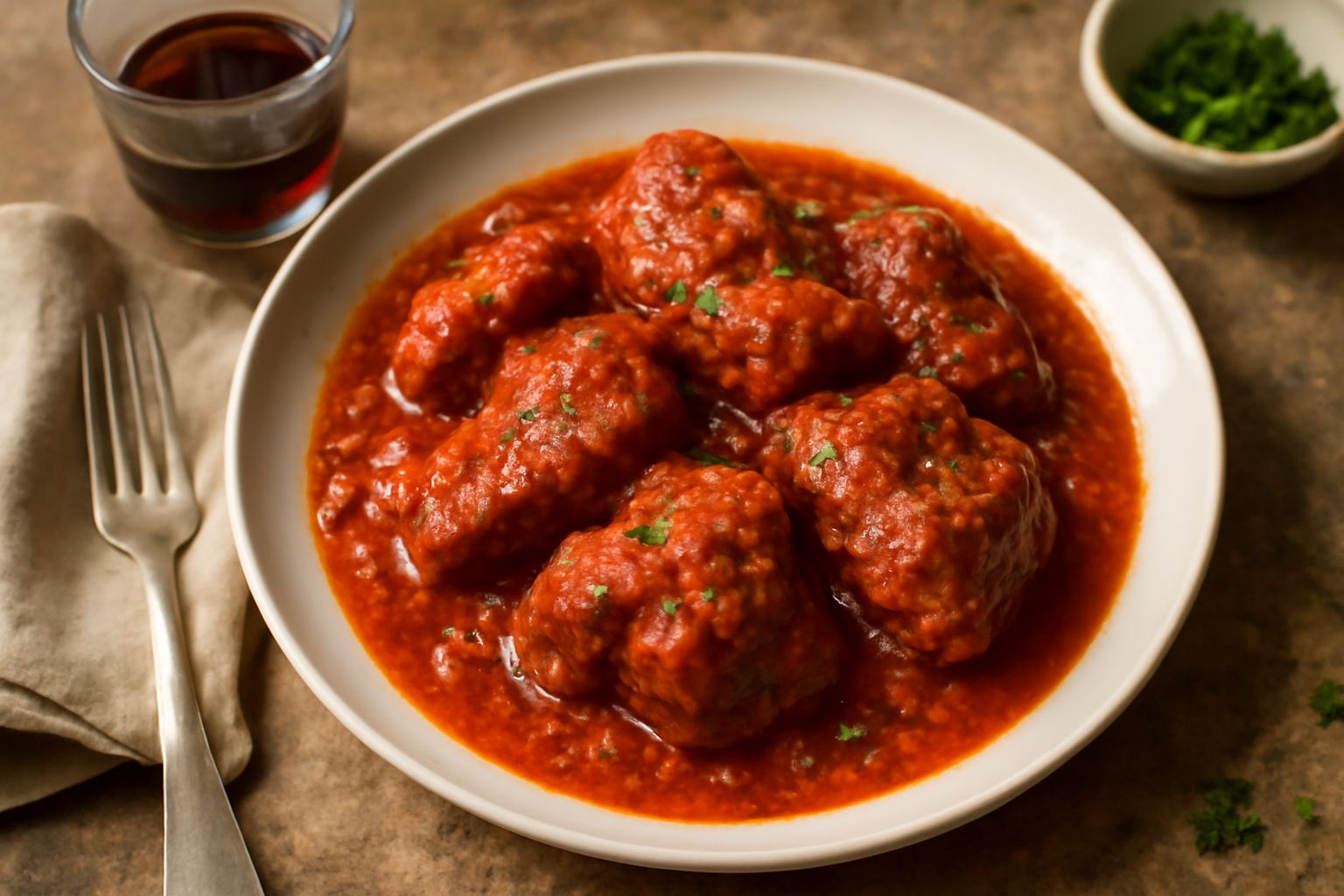 Piatto di ceramica bianca con pezzi di castrato rosso-brunastro affogati in sugo di pomodoro denso, cotto lentamente, guarnito con prezzemolo fresco. Sullo sfondo un bicchiere di vino rosso e fette di