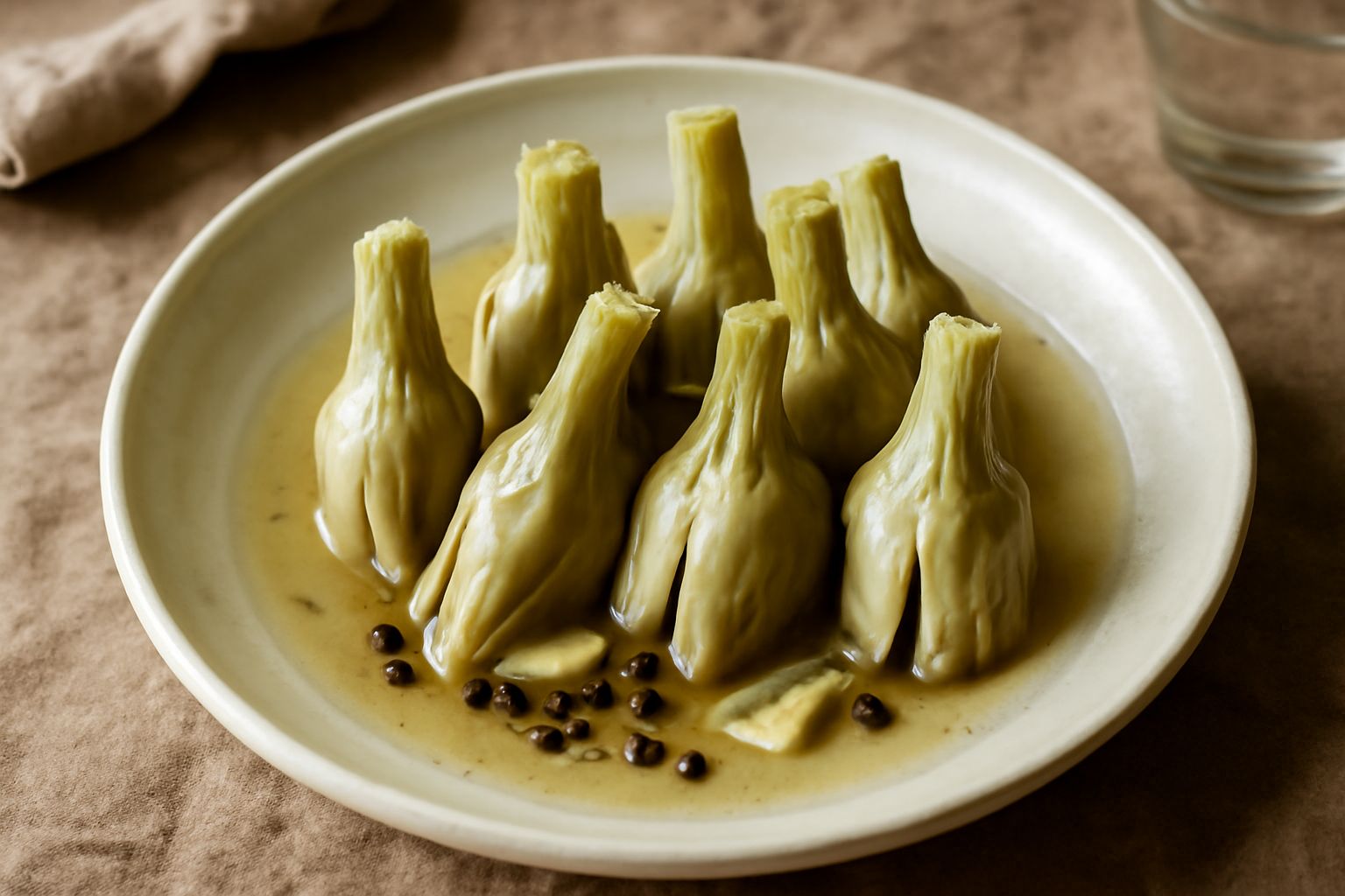 Barattolo di vetro con castraure marinate color verde chiaro, immerse in liquido trasparente con grani di pepe nero e spicchi di aglio visibili, su fondo bianco