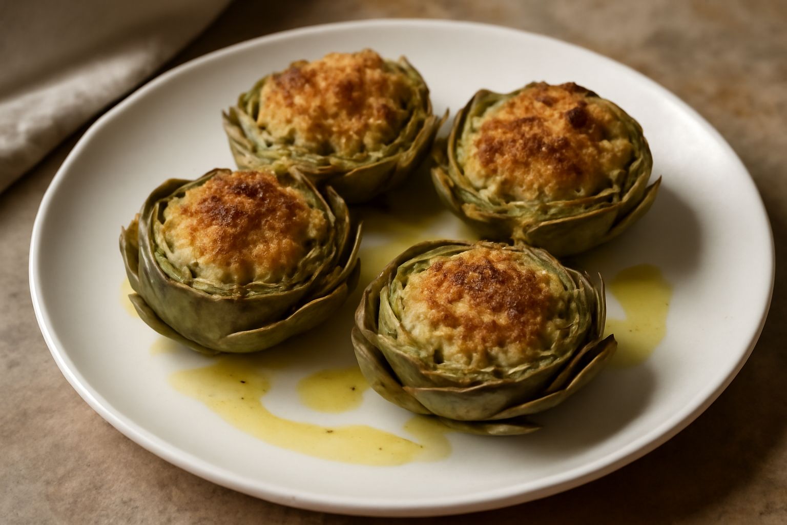 Otto castraure ripiene disposte in una pirofila da forno, piene di pangrattato dorato misto a formaggio bianco e prezzemolo verde, cotte fino a un marrone delicato, contorno di aglio e olio;