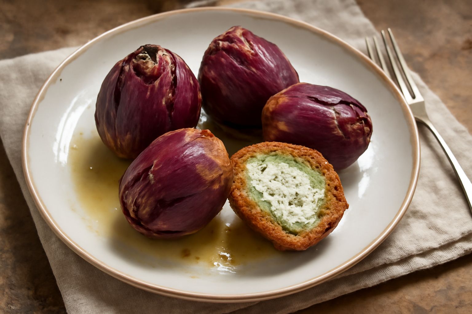 Castraure ripiene fredde disposte su un piatto bianco, con carciofi violetti interi dall'esterno croccante, tagliati a metà per mostrare il ripieno bianco cremoso alle erbe, contornate da foglie di pr
