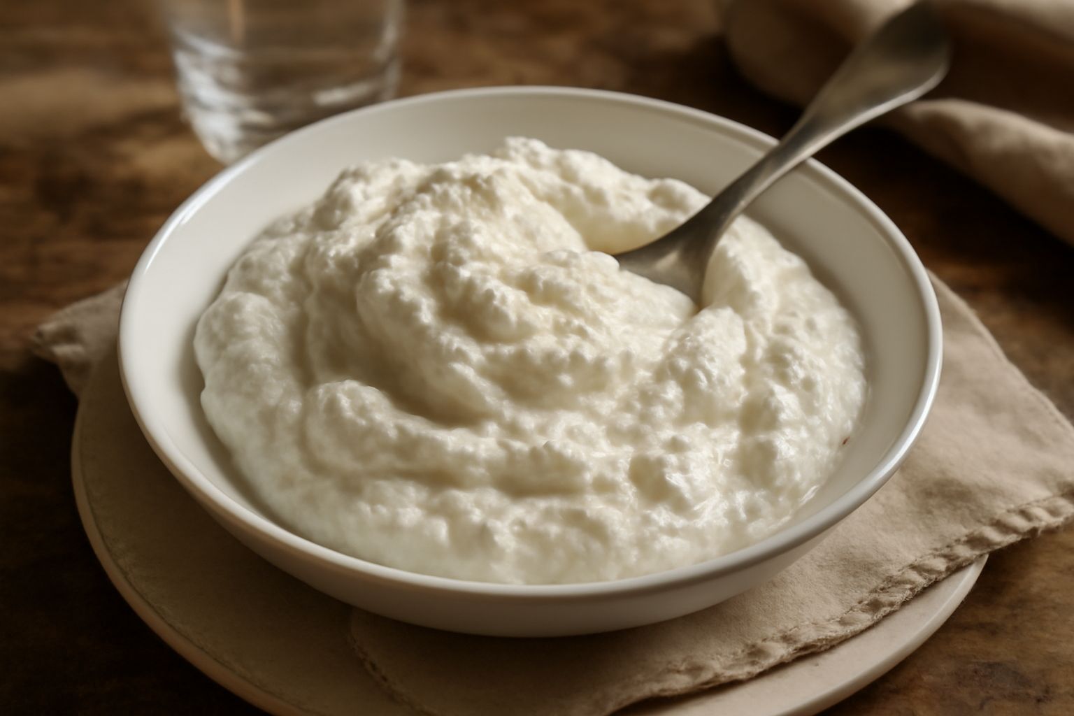 Formaggio fresco bianco cremoso a cucchiaiate in una ciotola di ceramica bianca, con gocce di siero, erba cipollina verde e olio d'oliva in filo sottile