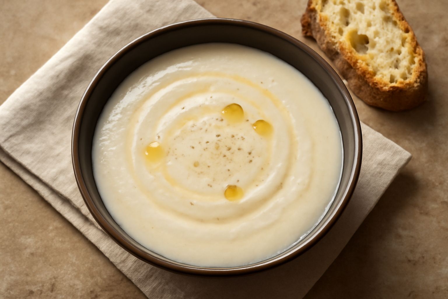 Una ciotola bianca con crema densa di colore bianco avorio, cremosa e liscia, condita con olio verde e pepe nero in superficie, vapore leggero ancora visibile