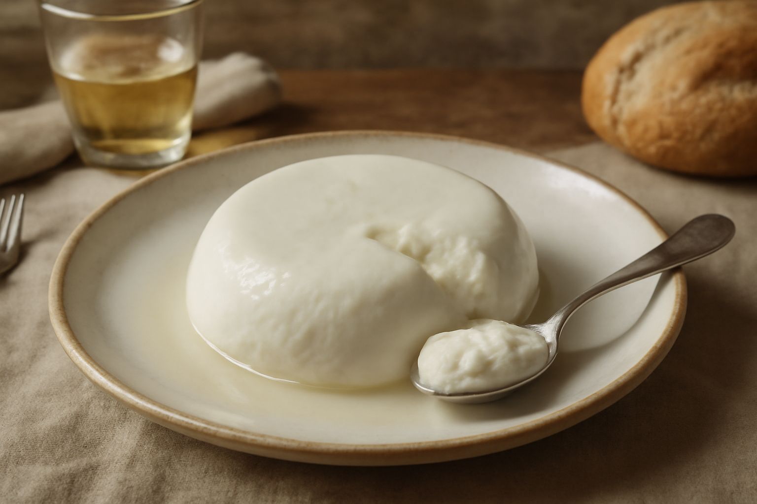 Casu frescu bianco cremoso in una ciotola di ceramica, con gocce di siero ancora visibili, accompagnato da pane tostato e miele in un piattino di legno