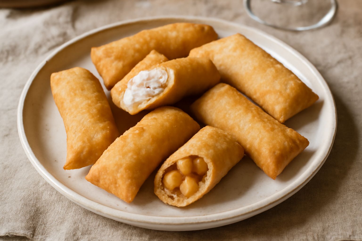 Casule dorate e croccanti poggiate su un piatto bianco, ricoperte leggermente di zucchero in polvere, con sfoglie di pasta fragile visibili al taglio e ricotta cremosa all'interno