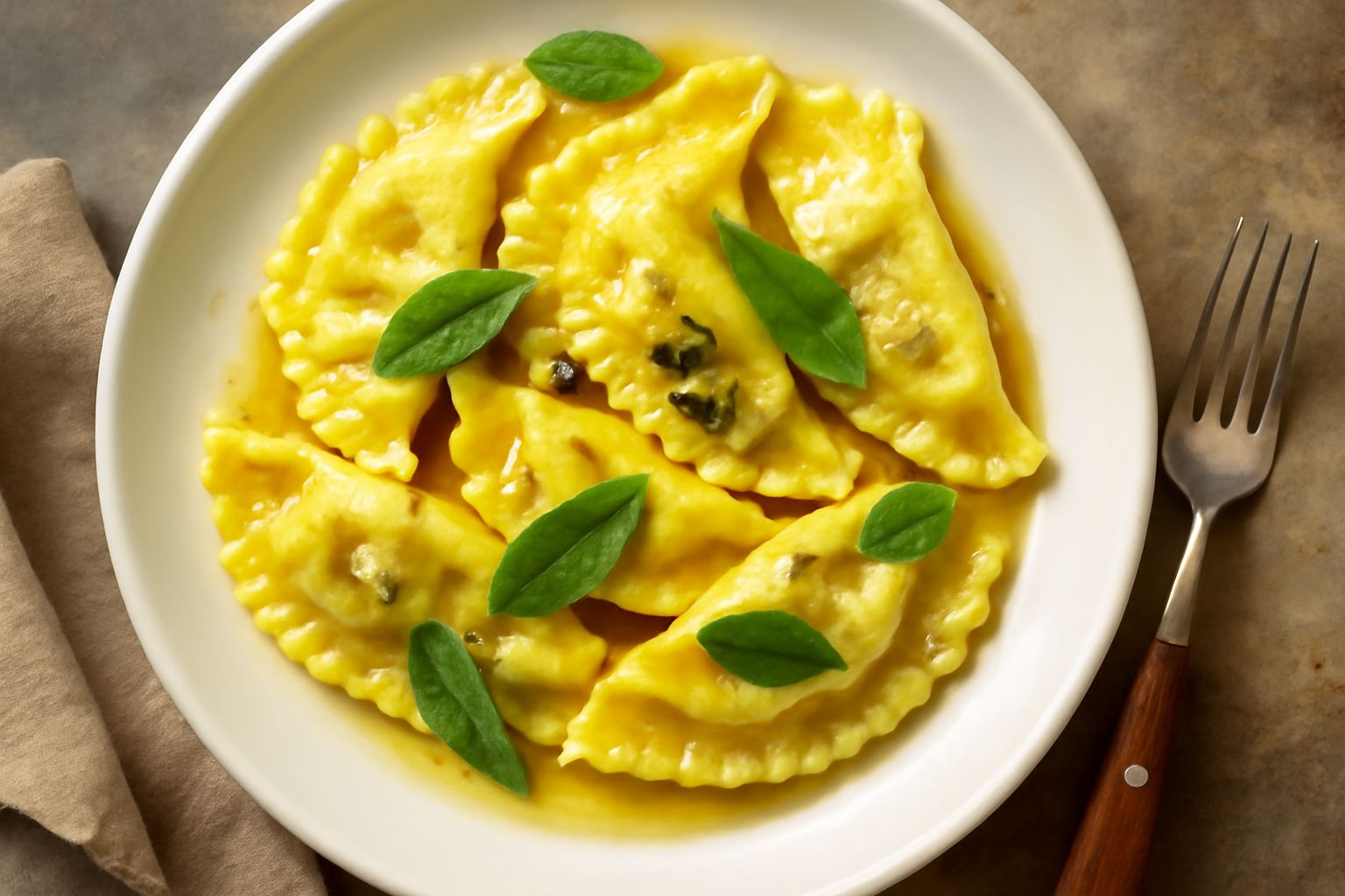 Casunziei ai funghi serviti in piatto bianco, mezzalune dorate di pasta ripiena, condite con burro fuso trasparente e foglie verdi di salvia fresca, funghi trifolati visibili all'interno