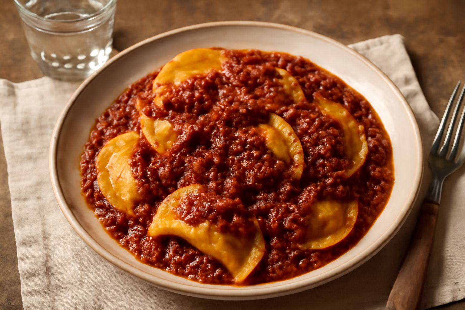 Casunziei a mezzaluna dorati e leggermente ondulati disposti nel piatto bianco, ricoperti di ragù rosso scuro, con qualche goccia di ragù intorno e origano secco spolverato in superficie
