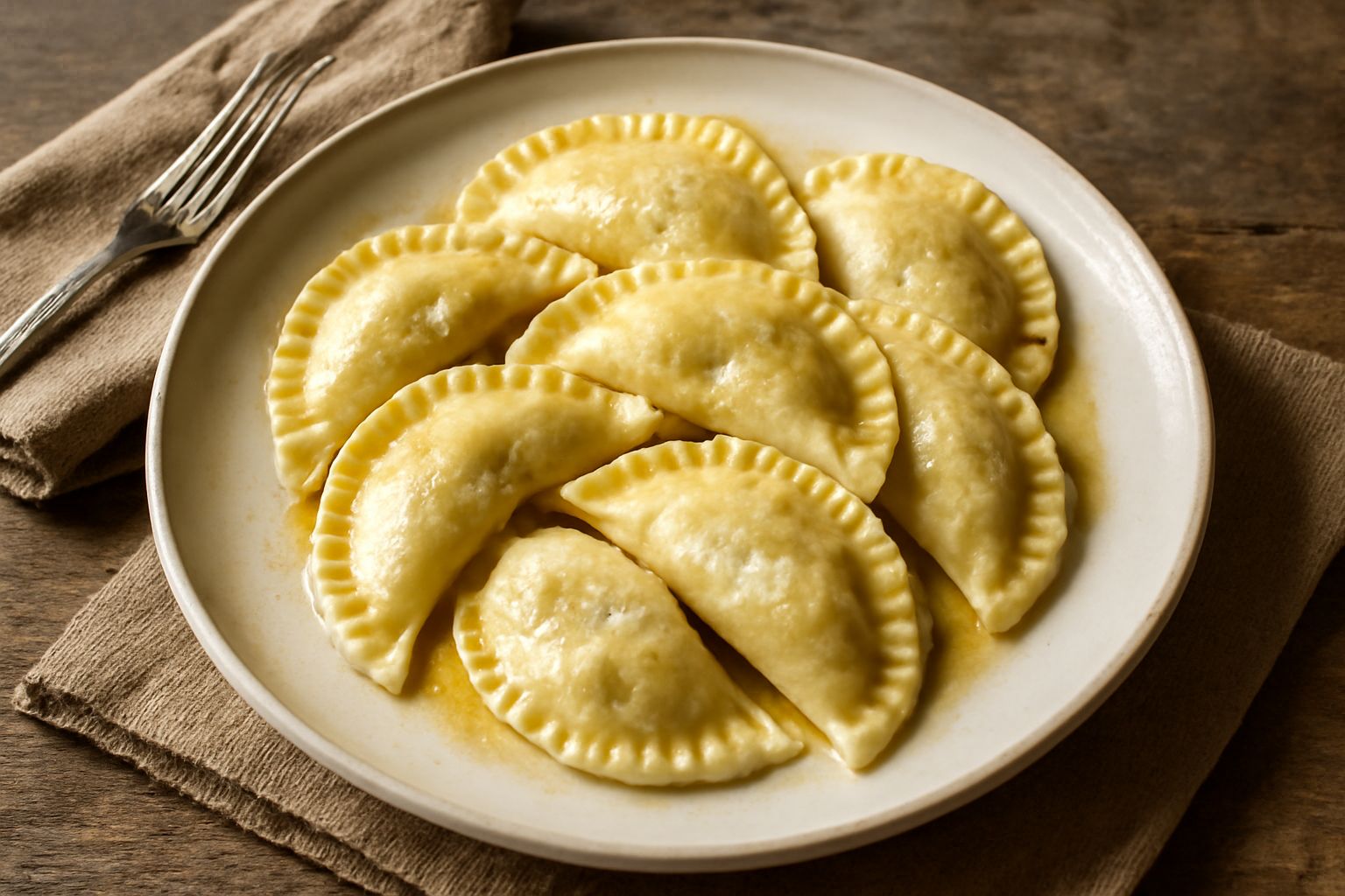 Casunziei alla valtellinese chiusi a mezzaluna, dorati e appena lessati, su un piatto bianco con burro fuso ancora caldo e formaggio grattugiato sopra, contorno di insalata verde fresca