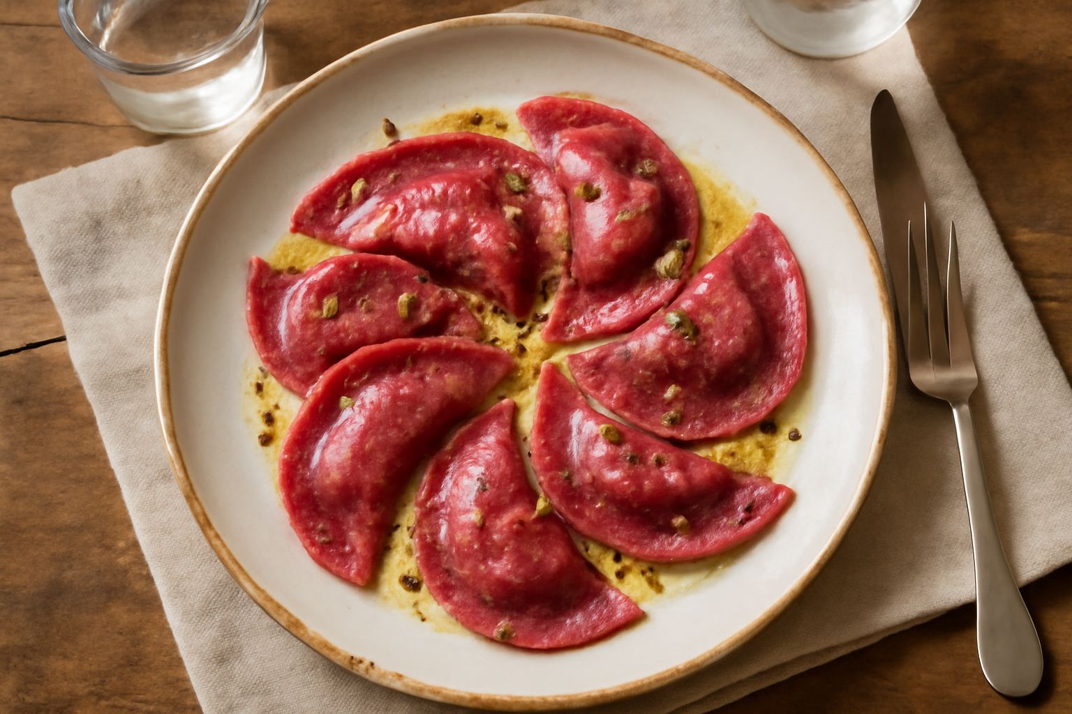 Casunziei appena cotti in un piatto bianco, a forma di mezzaluna leggermente ripieni, con burro fuso e salvia, colore giallo crema della pasta e primo piano del ripieno che fuoriesce leggermente dai b