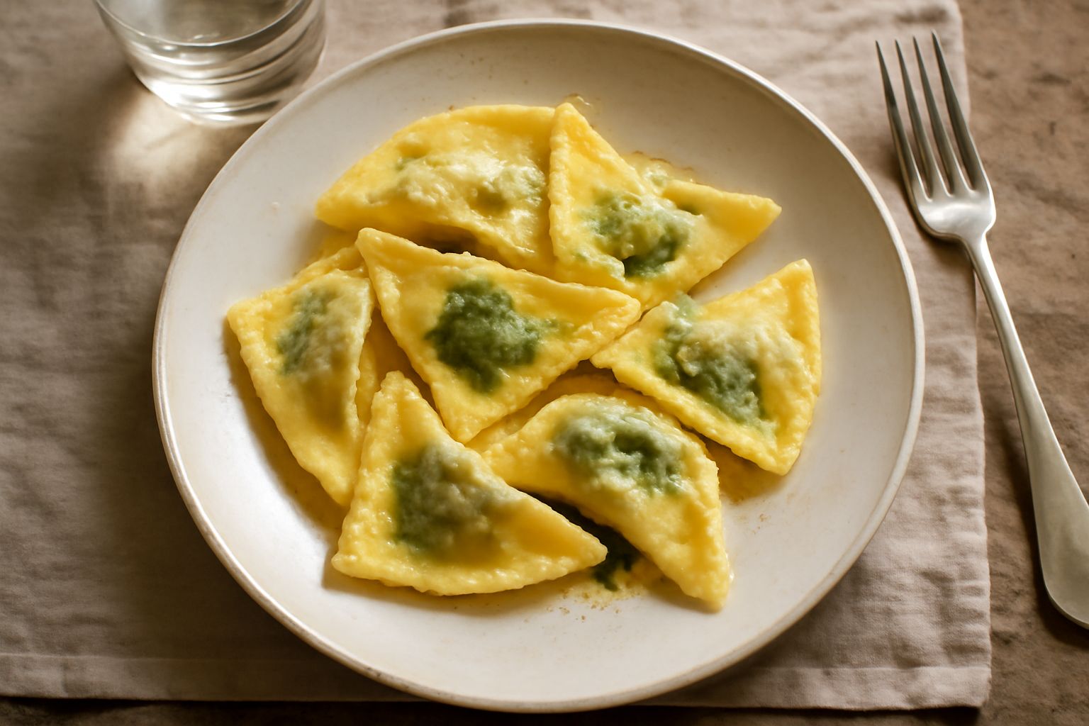 Casunziei alle ortiche su un piatto bianco, di forma triangolare e mezzaluna, ripieni di ortica verde, burro fuso e salvia sul bordo