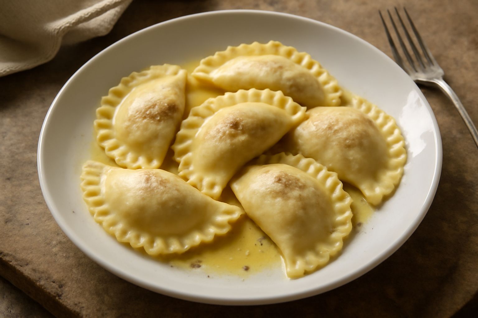 Casunziei bresciani a forma di mezzaluna su piatto bianco, con burro fuso e salvia fresca, sfondo sfocato di tavolo in legno