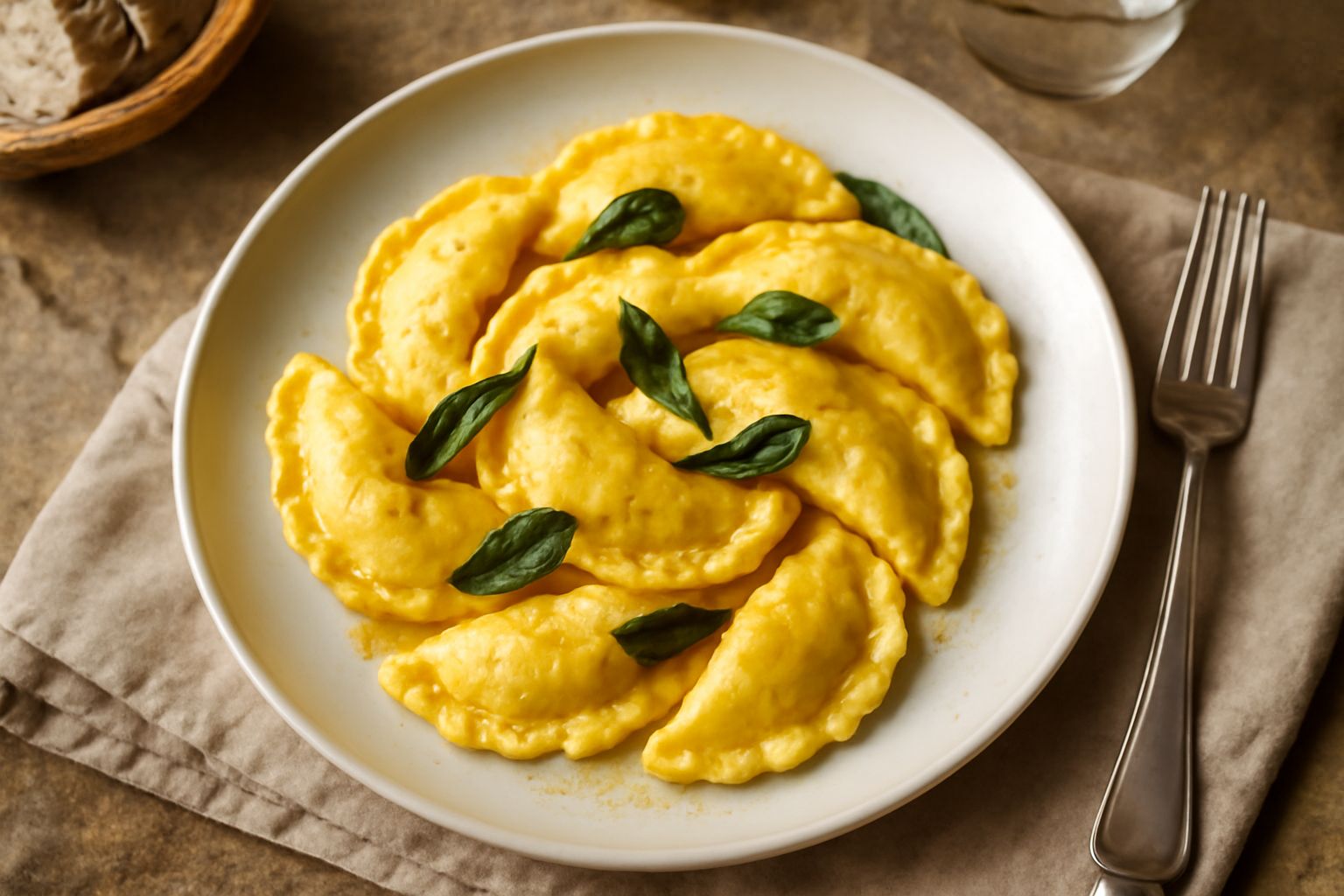 Casunziei d'Ampezzano dorati in un piatto bianco, mezzalune di pasta ripiene con bordo a treccia, condite con burro fuso e buccia di noce moscata grattata, contorno di salvia croccante