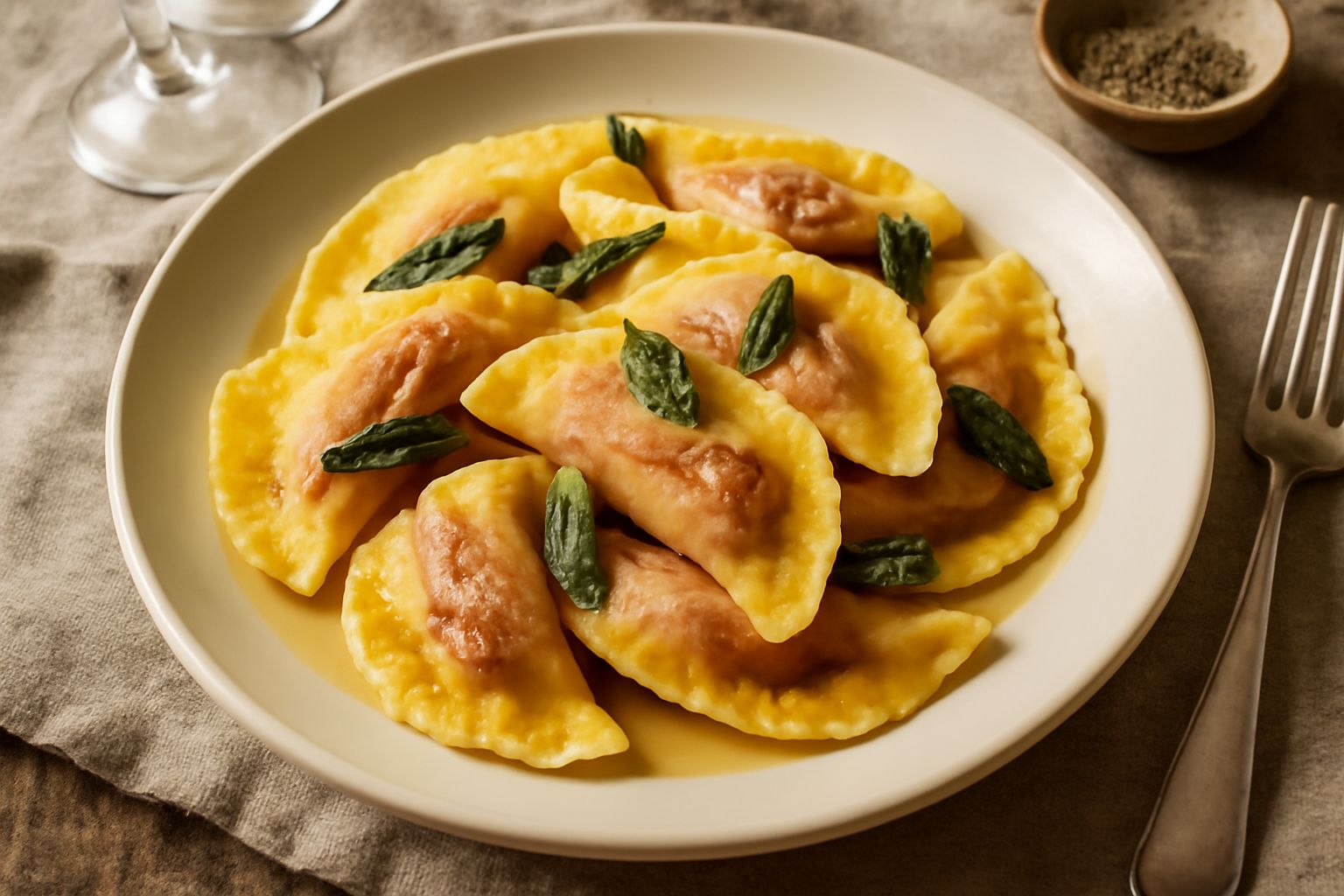 Casunziei d'Ampezzo in un piatto bianco, ravioli a mezzaluna di pasta sfoglia gialla con ripieno scuro, conditi con burro fuso, salvia croccante e parmigiano grattugiato, bordo di piatto decorato