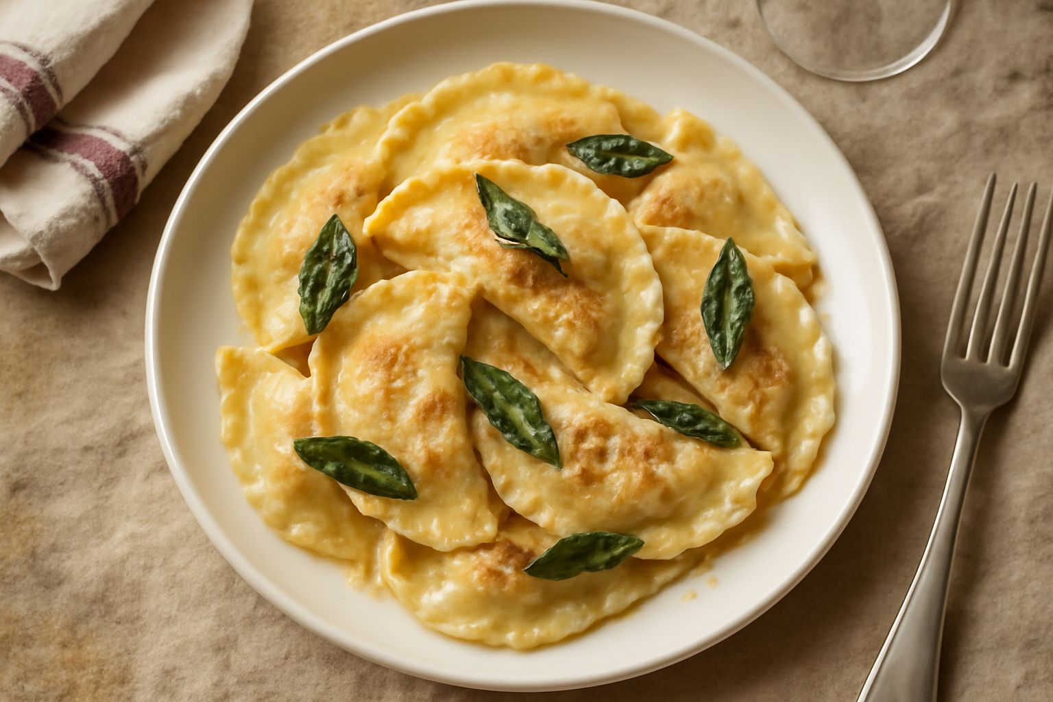 Casunziei ripieni disposti su un piatto bianco, chiusi a mezzaluna con i bordi ondulati caratteristici, ricoperti di burro fuso e salvia fresca, con tracce di parmigiano grattugiato