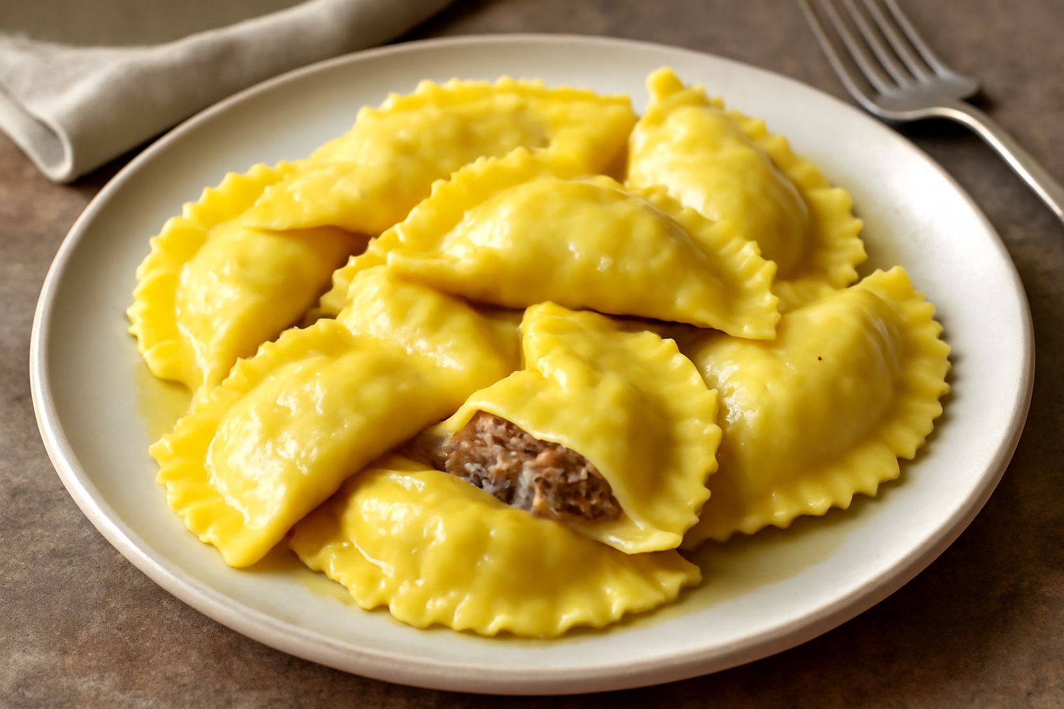 Casunziei dorati serviti in un piatto bianco con burro fuso e foglie di salvia, pasta fresca ripiena a forma di mezzaluna, contorno di brodo caldo leggermente visibile