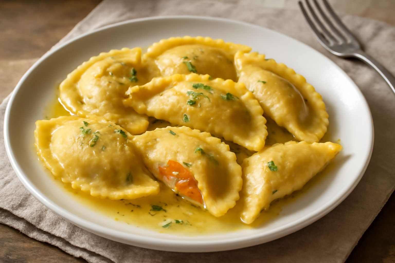 Casunziei appena cotti in un piatto bianco, ripieni di ricotta e patata, con una striscia di burro fuso che goccia dai lati, menta fresca accanto, sfondo di tavolo di legno chiaro