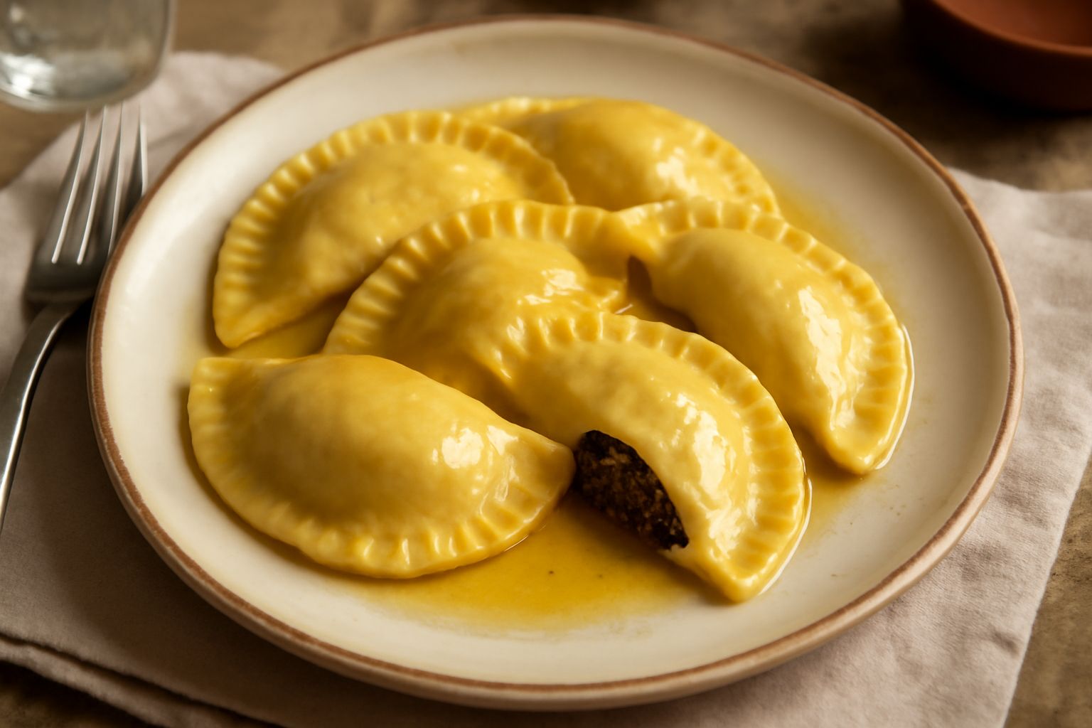 Casunziei di carne a mezza luna dorati, disposti nel piatto con burro fuso e salvia fresca, richiudibili al centro con la classica piega, su fondo di ceramica bianca