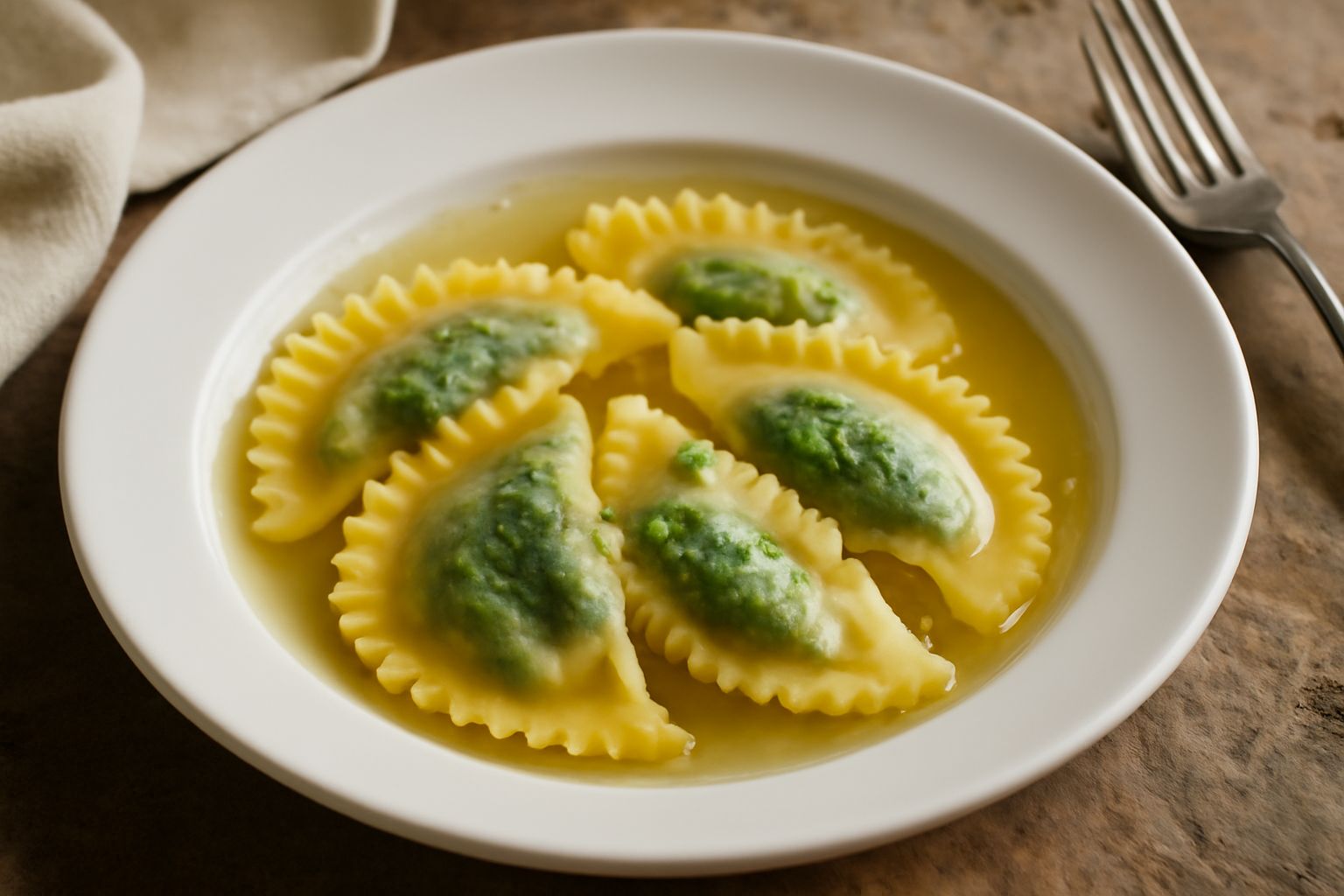 Casunziei di magro ripieni su un piatto bianco, ricoperti di burro fuso dorato e salvia fresca, con le verdure visibili dal ripieno traslucido attraverso la pasta leggera e morbida