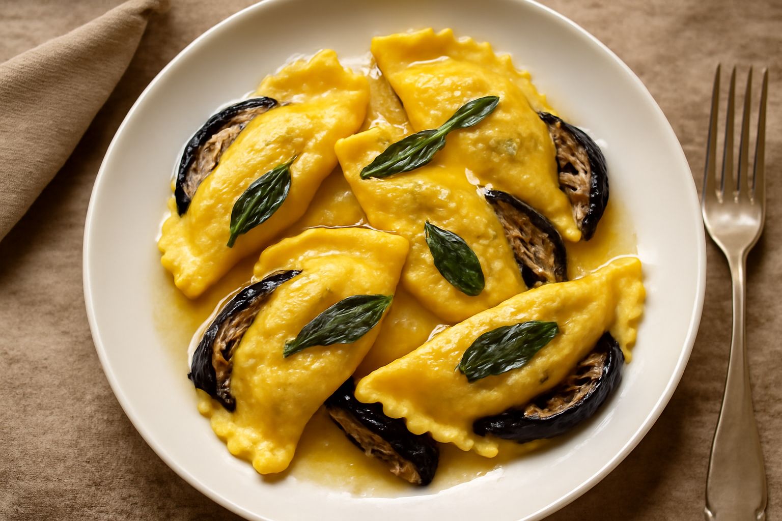 Piatto bianco con otto casunziei piegati a mezzaluna, pasta gialla dorata, ricoperti di burro fuso e salvia, spolverati di parmigiano grattugiato, con melanzane grigliate violacee visibili nel ripieno