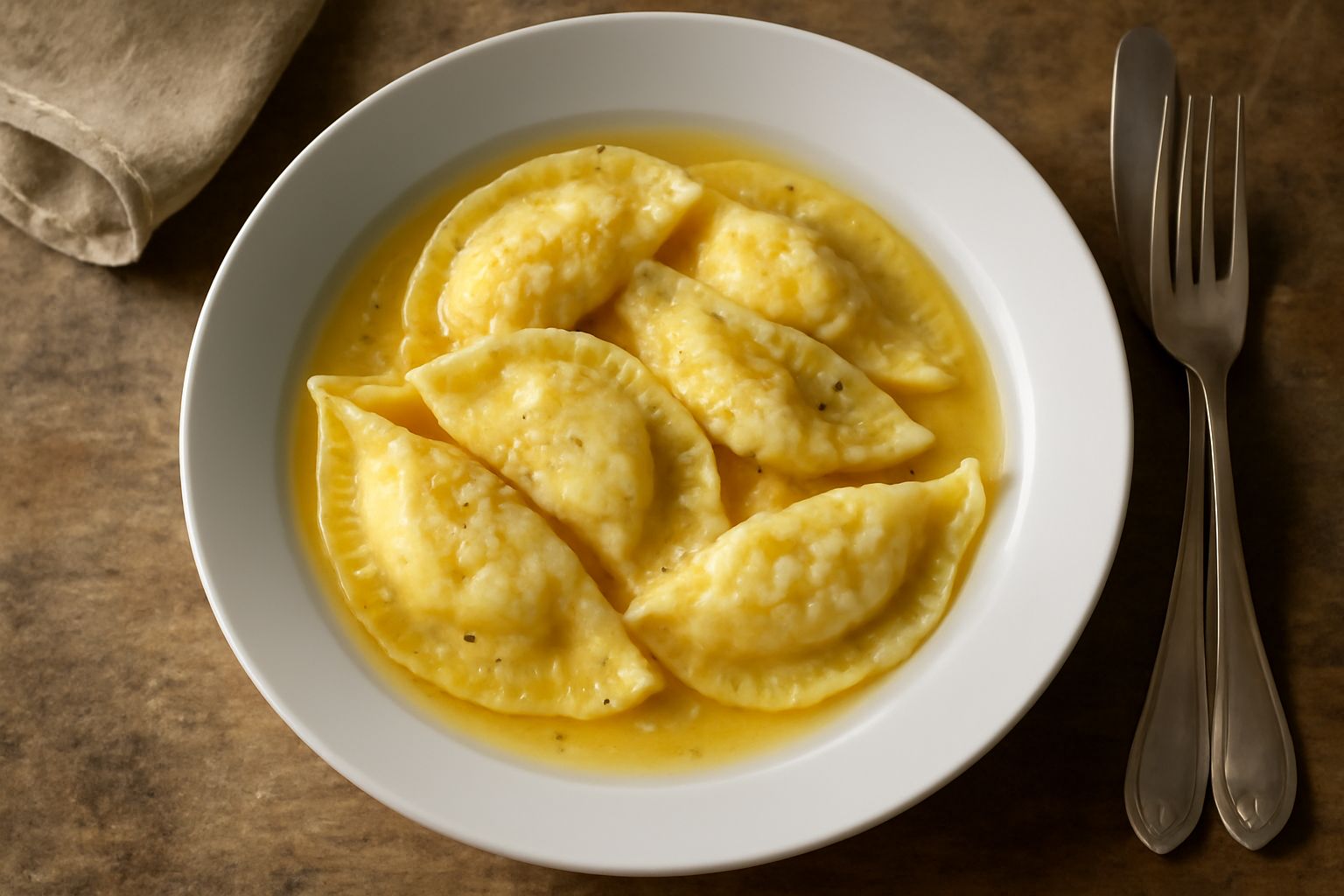Una decina di casunziei di ricotta dalla forma di mezzaluna con piega centrale, disposti su un piatto bianco con salsa di burro e salvia, guarniti con riccioli di parmigiano