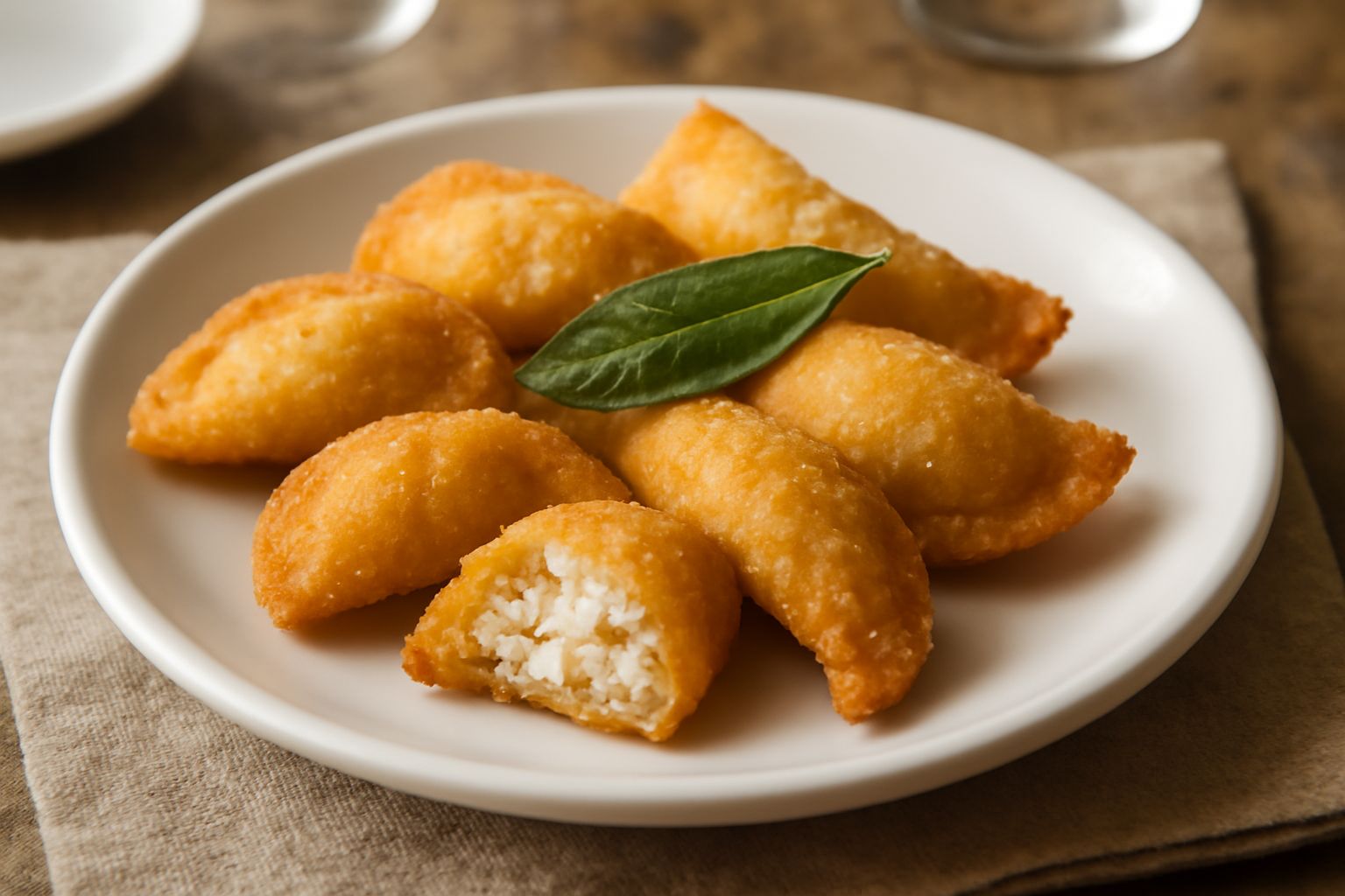 Casunziei di ricotta fritti, color oro, disposti su un piattino bianco con salvia fritta, sfondo neutro e luce naturale