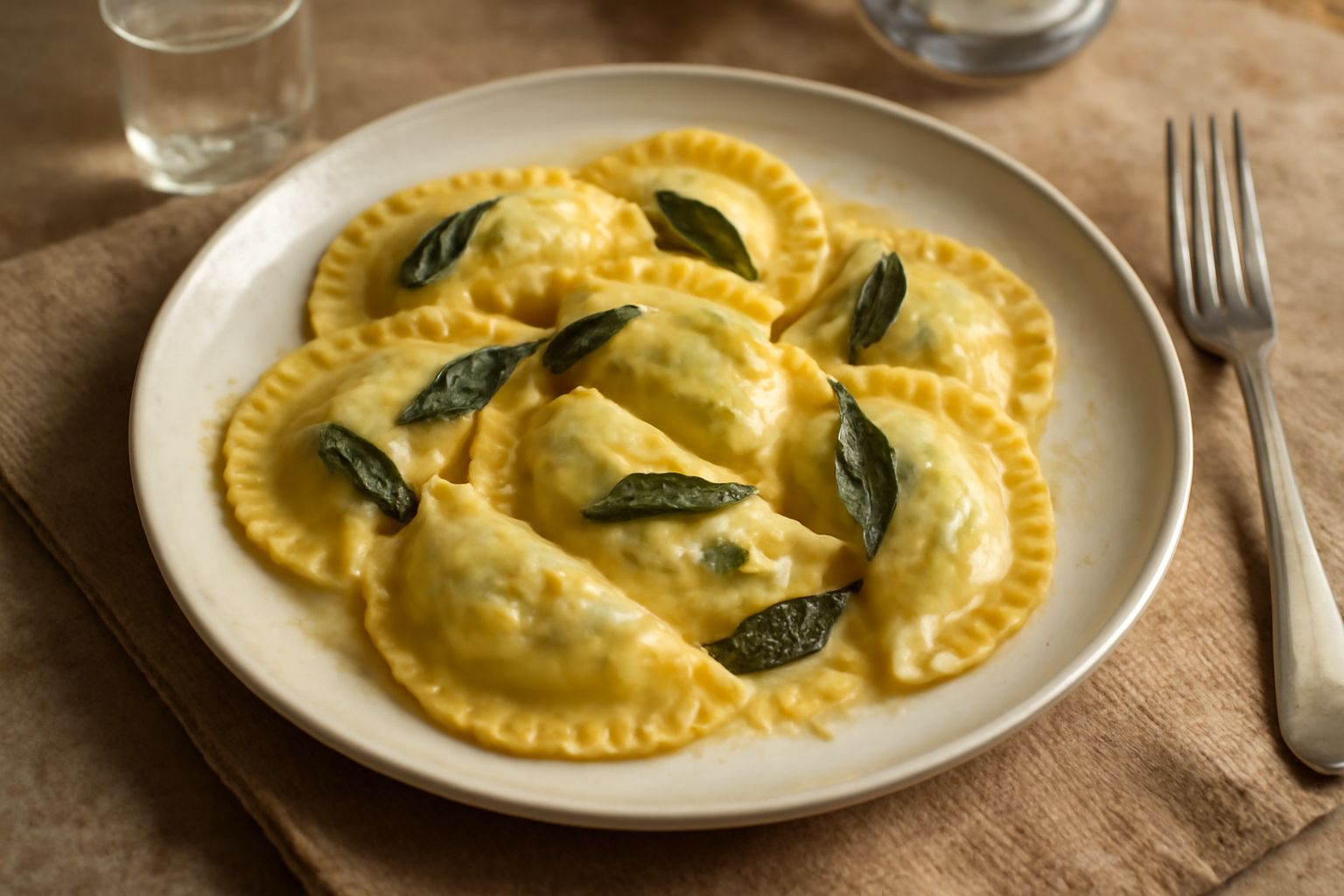 Casunziei dorati a forma di mezzaluna su un piatto bianco, cosparsi di burro fuso e salvia, con tracce di parmigiano grattugiato e sfondo di pasta sfoglia