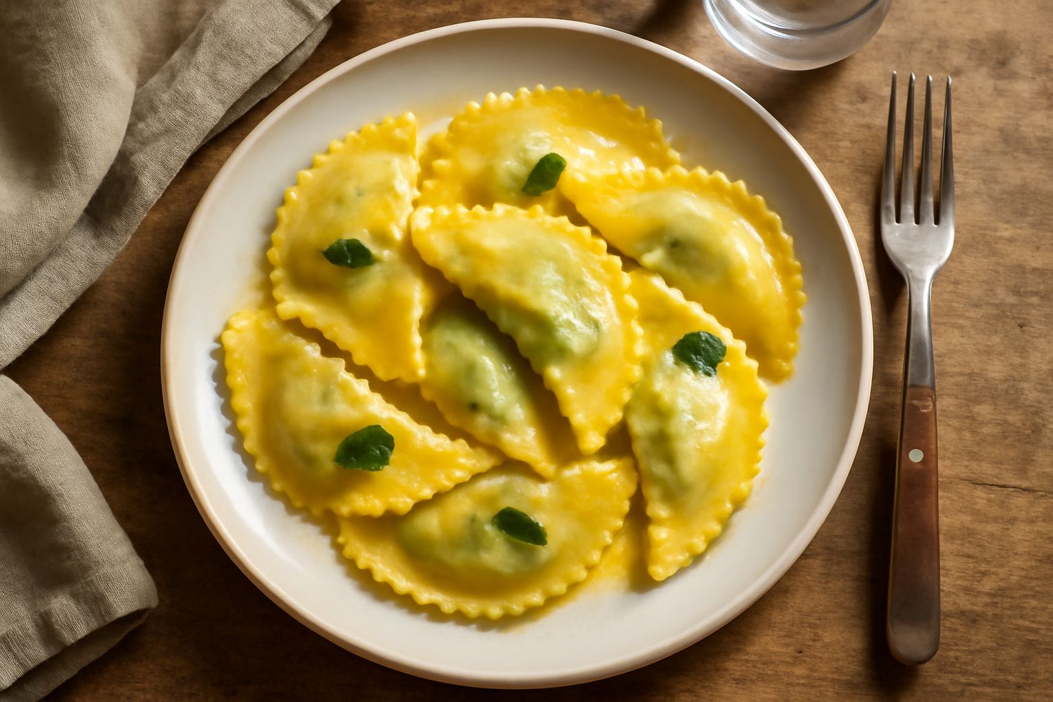 Sei casunziei a forma di mezzaluna dorati su un piatto bianco, ricoperti di burro fuso e salvia, con tracce di formaggio grattugiato, contorno di spinaci freschi sfumati