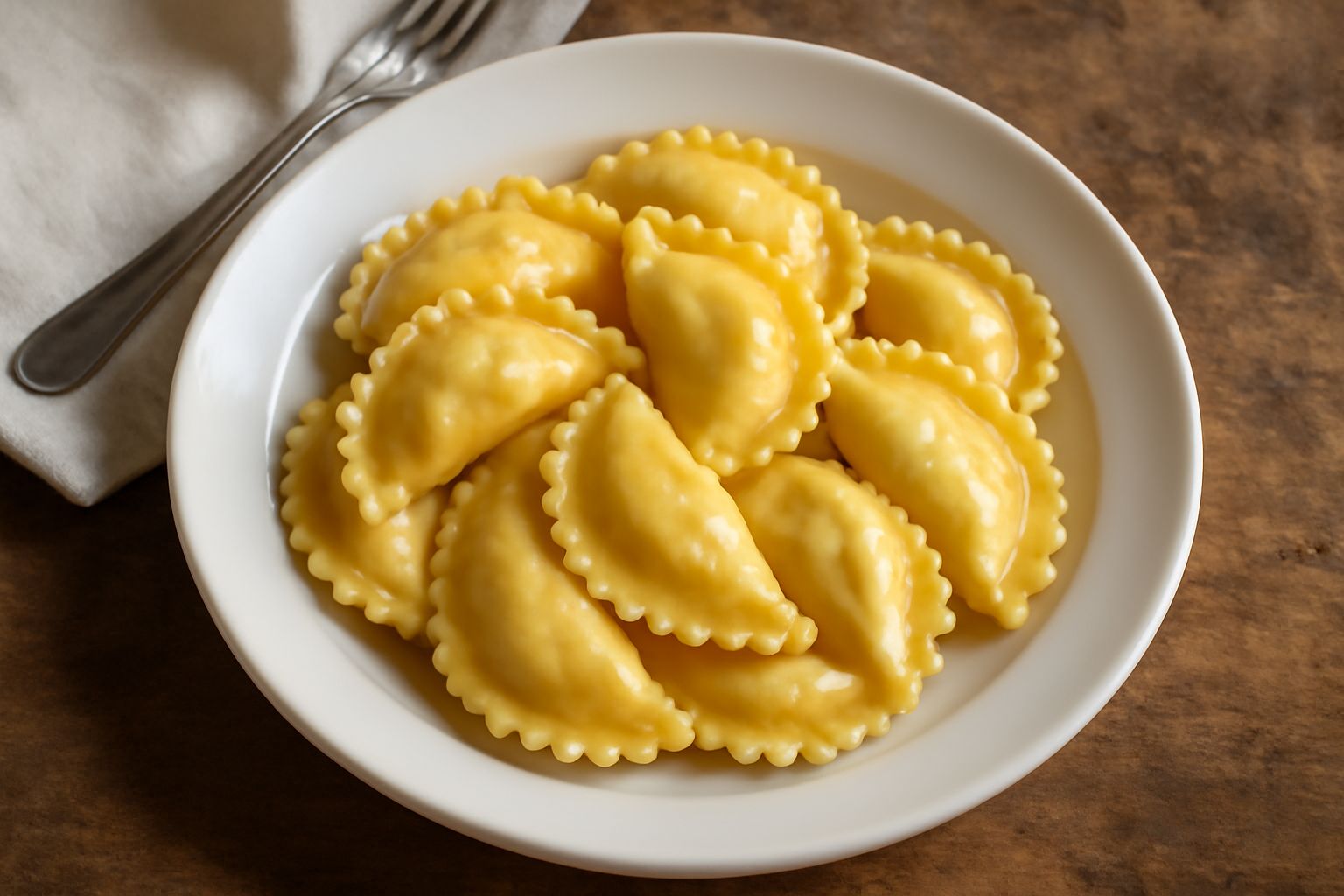 Casunziei di Rovigo dorati al burro in piatto bianco, a forma di mezzaluna con bordo riccio, guarniti di ricotta fresca grattugiata e prezzemolo, serviti fumanti su un fondo di burro fuso