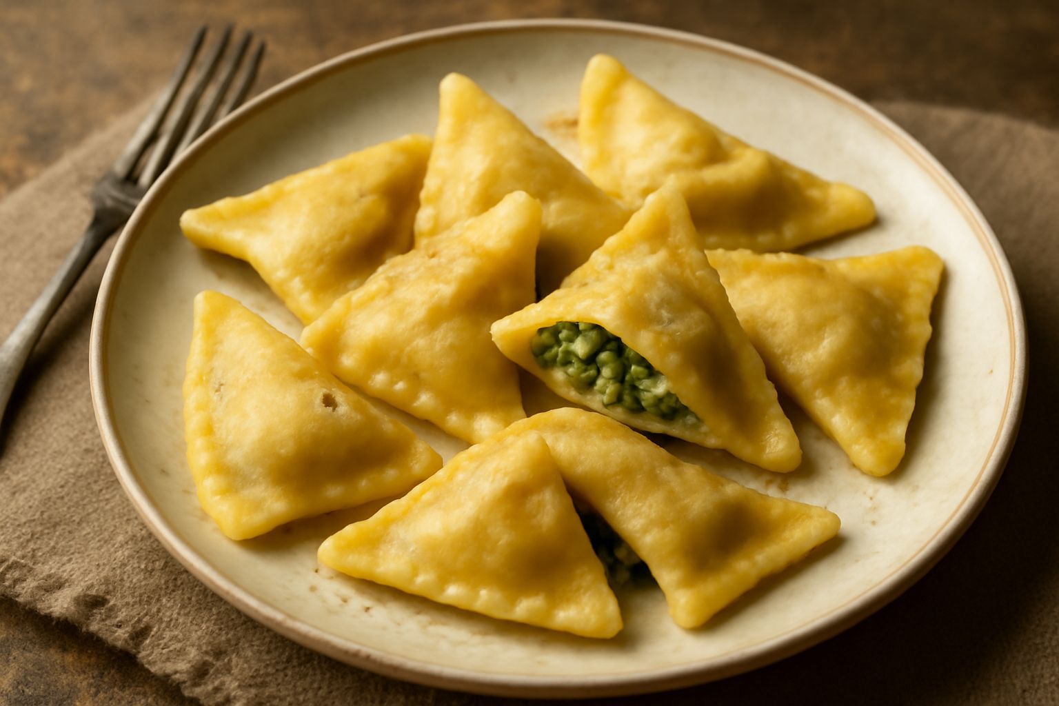 Tre casunziei triangolari appena cotti, di colore giallo paglierino, ripieni visibili dal taglio trasversale con verdure verdi, posati su un piatto bianco con un filo d'olio e un rametto di prezzemolo