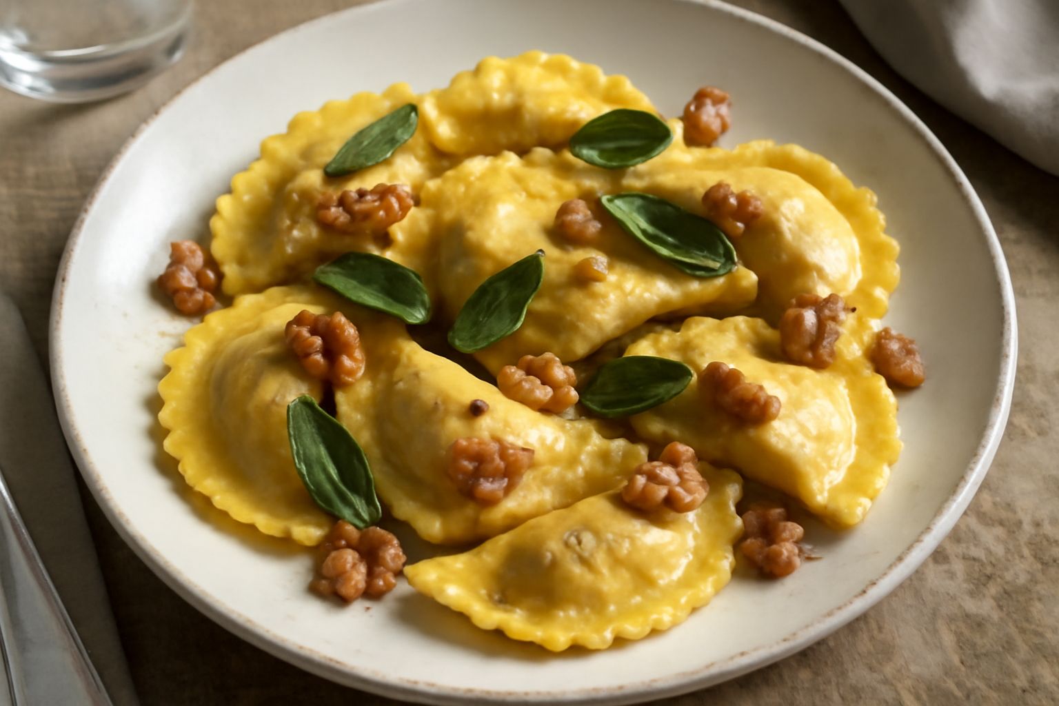 Casunziei ripieni di scarto vegetale su un piatto bianco, con forma a mezzaluna dentellata; burro nocciola e salvia fresca accanto, pasta giallo-oro, ripieno verde e ocra visibile dal taglio