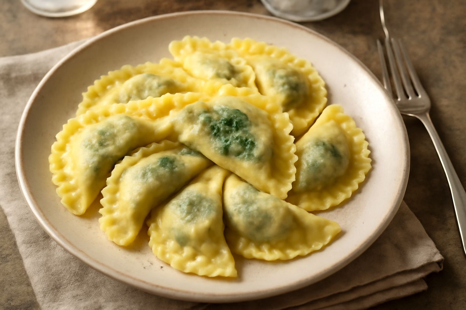 Casunziei di verdura appena cotti in un piatto bianco, cosparsi di burro fuso e salvia, con il riempimento verde di spinaci e ricotta visibile dal taglio, serviti tiepidi con scaglie di formaggio grat