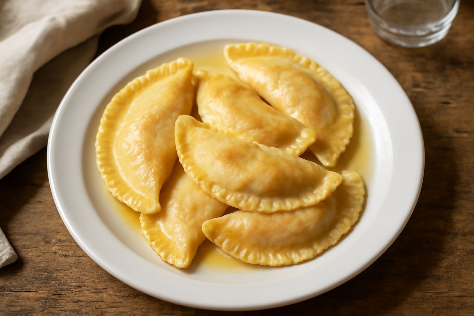 Casunziei dolci dorati, a forma di mezzaluna panciuta, disposti nel piatto bianco con burro fuso colato sopra e zucchero semolato sparso, su sfondo di legno scuro