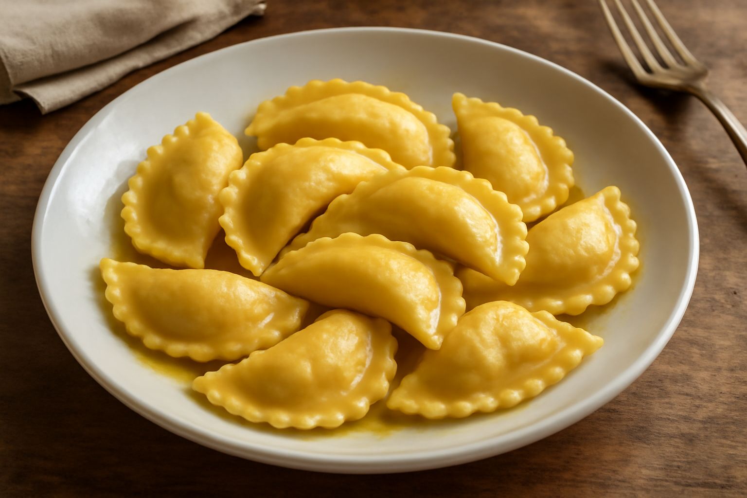 Casunziei a forma di mezza luna, dorati e appena cotti, adagiati nel piatto bianco con burro fuso, salvia fresca e parmigiano grattugiato, tavolo di legno chiaro