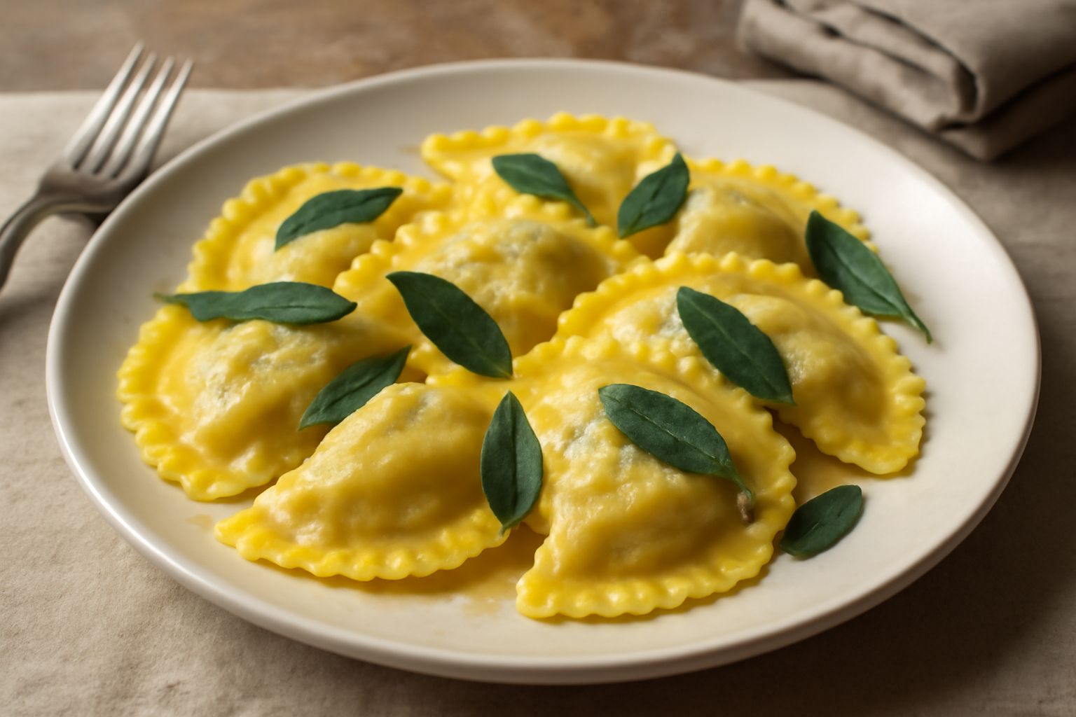 Casunziei forlivesi serviti in un piatto bianco di ceramica, ravioli semicircolari ripieni con bordo sgranato, lucidi di burro fuso e foglie di salvia fresca, fondo sfocato di una tavola in legno.