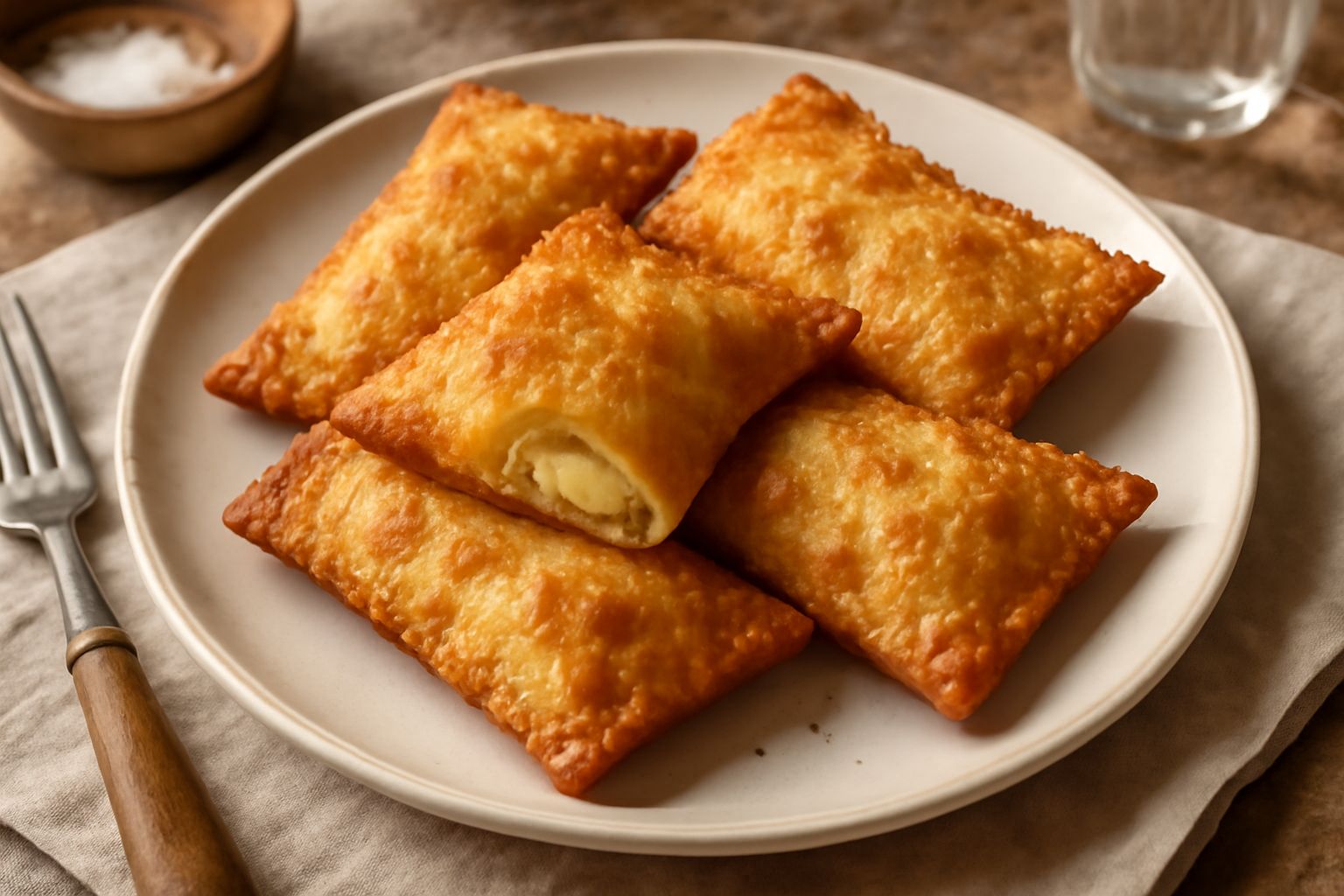Casunziei appena fritti in crosta, di forma rettangolare con i bordi sigillati, dorati e croccanti su un piatto bianco, contornati da foglie di salvia fresca