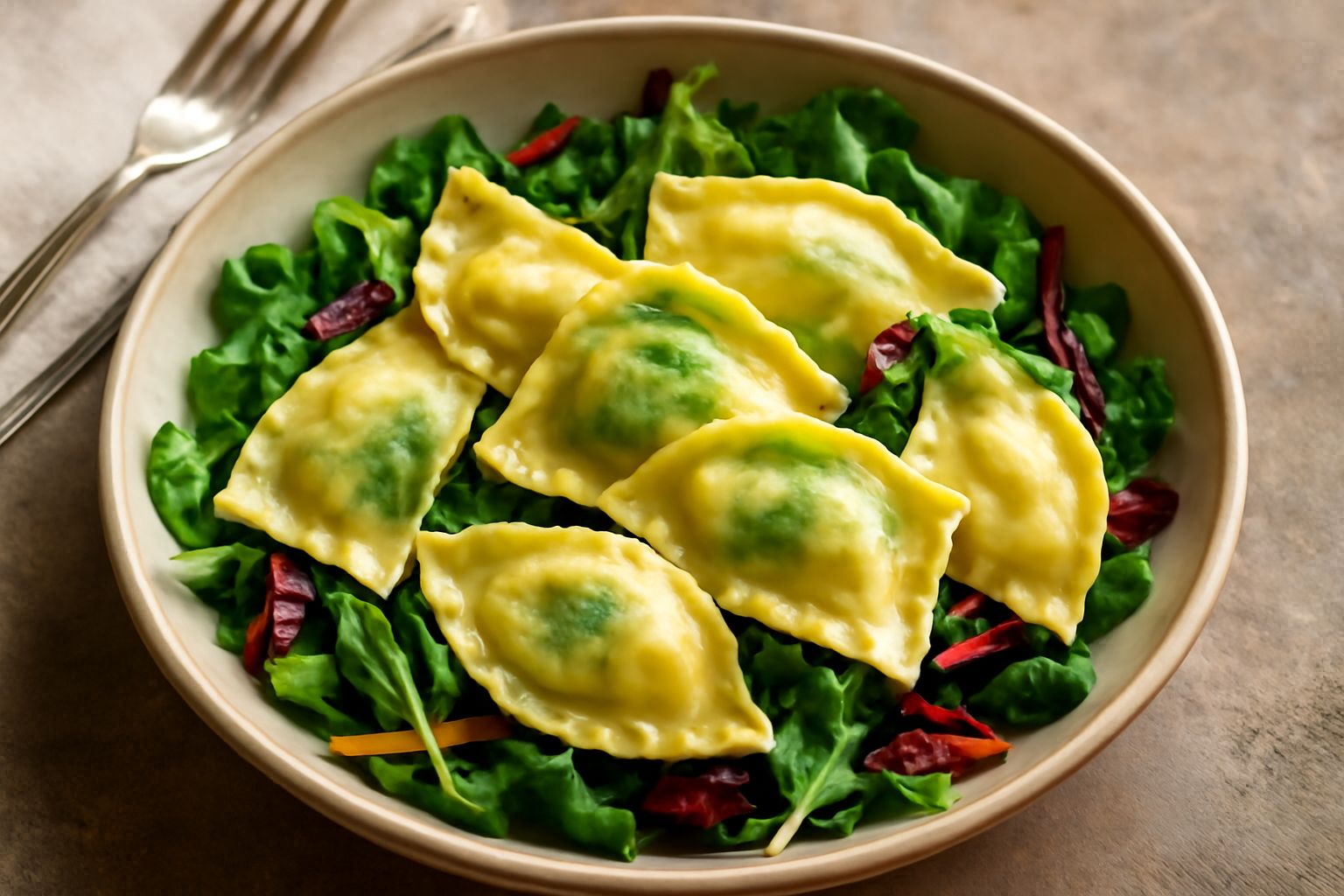 Piatto bianco con casunziei tagliati a metà disposti su un letto di rucola verde e pomodorini rossi, con cicoria rossa, fettine di cipolla bianca, gocce di olio d'oliva e foglia di basilico fresco