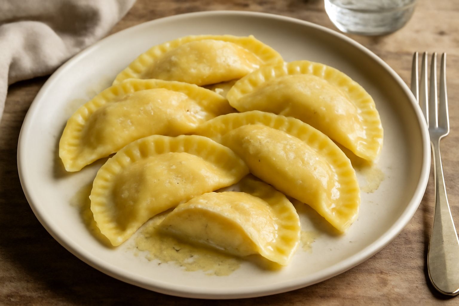 Casunziei bergamaschi a forma di mezzaluna su un piatto bianco, ricoperti di burro fuso e foglie di salvia verde, con una leggera patina dorata lucida